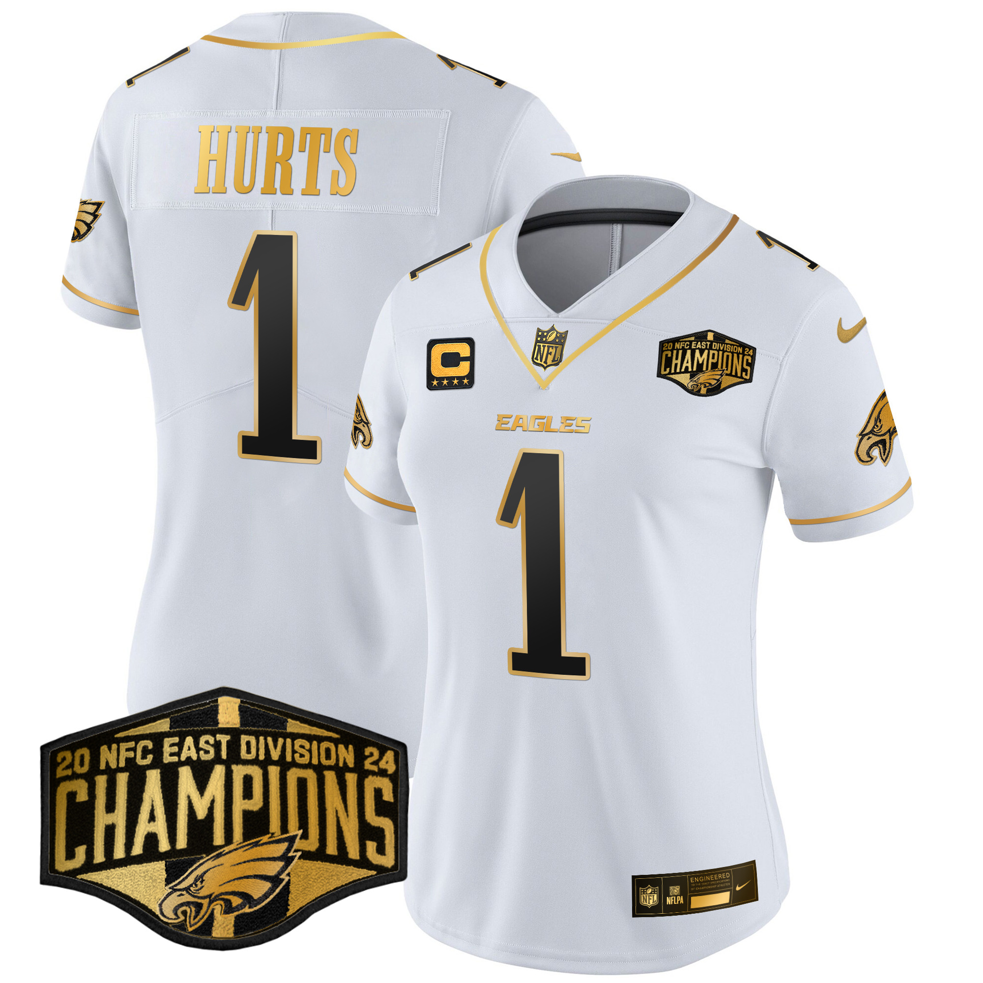 Jalen Hurts Women's Philadelphia Eagles 2024 NFC East Division Champions Gold Vapor Limited White Gold Jersey - All Stitched