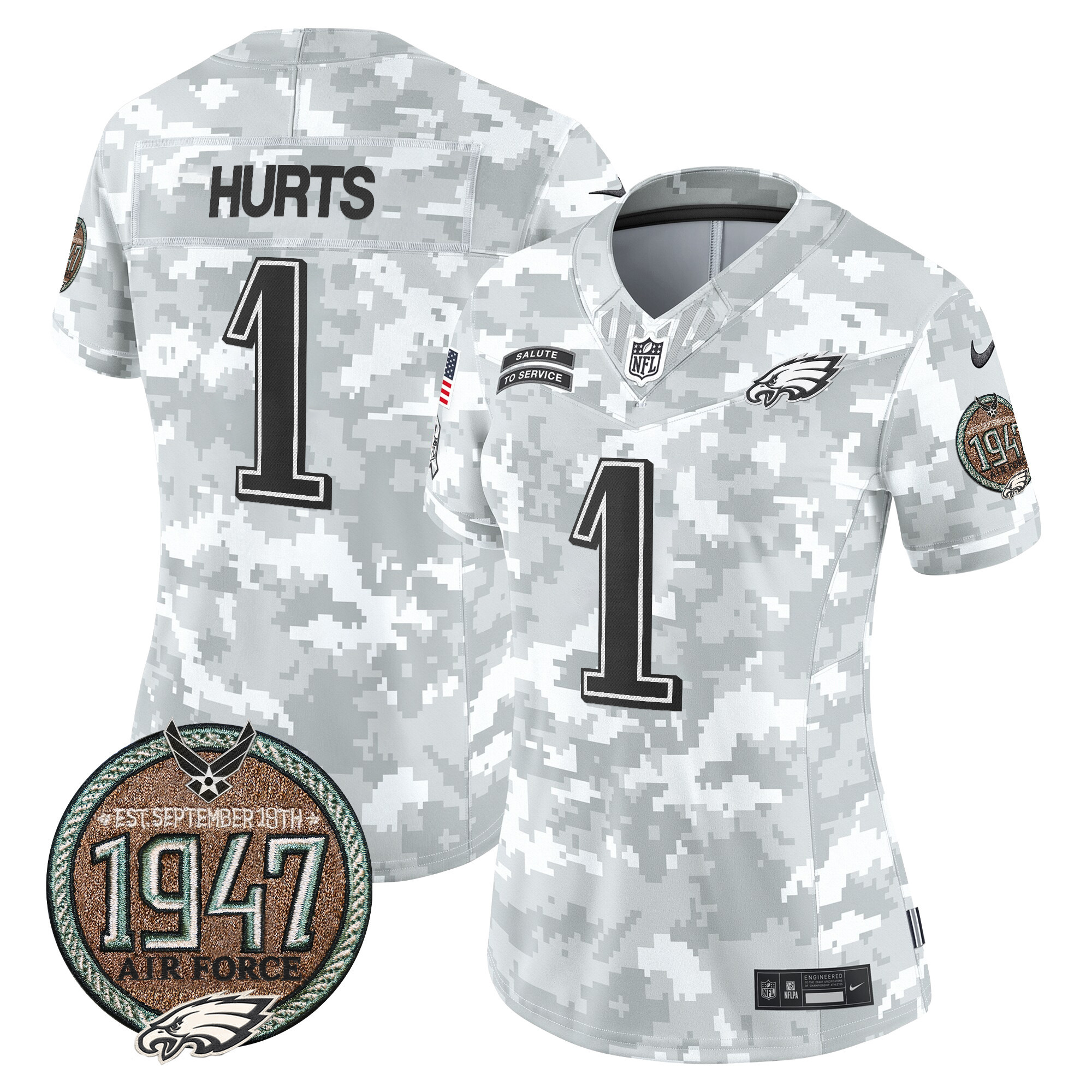 Jalen Hurts Women's Philadelphia Eagles 2024 Salute to Service Establishment Year Patch Vapor Limited Air Force Jersey - All Stitched