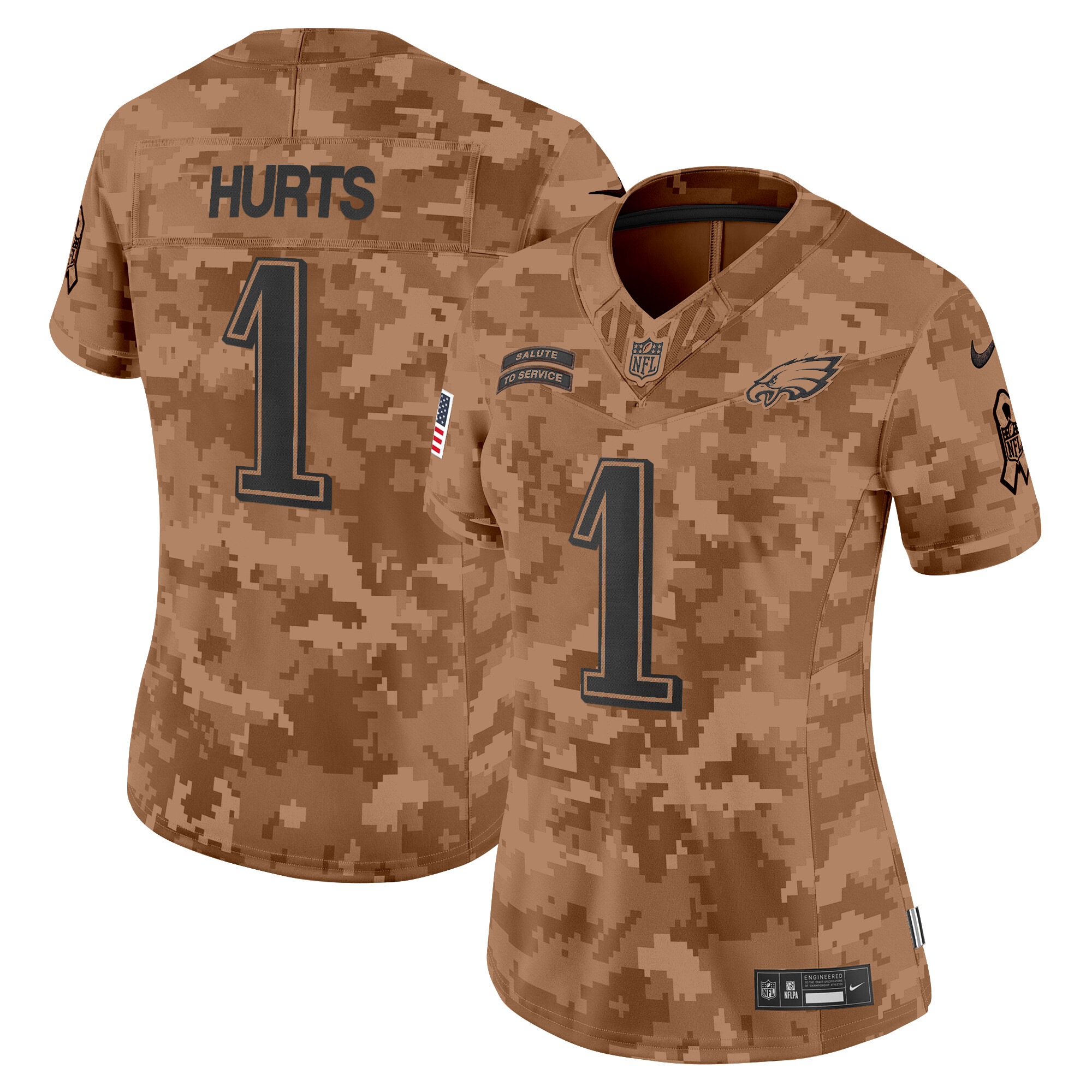 Jalen Hurts Women's Philadelphia Eagles 2024 Salute to Service Vapor Limited Brown Camo Jersey - All Stitched