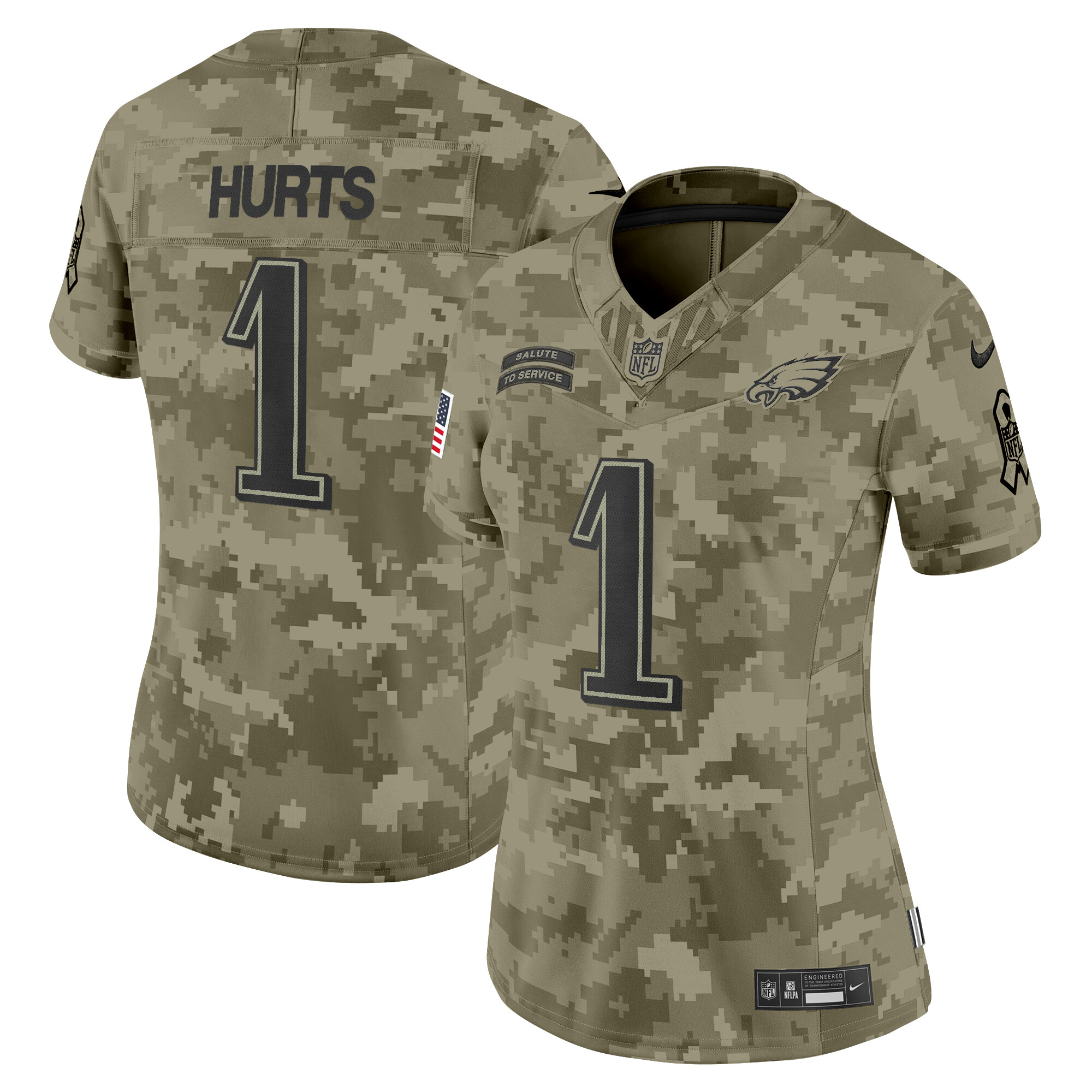 Jalen Hurts Women's Philadelphia Eagles 2024 Salute to Service Vapor Limited Olive Camo Jersey - All Stitched