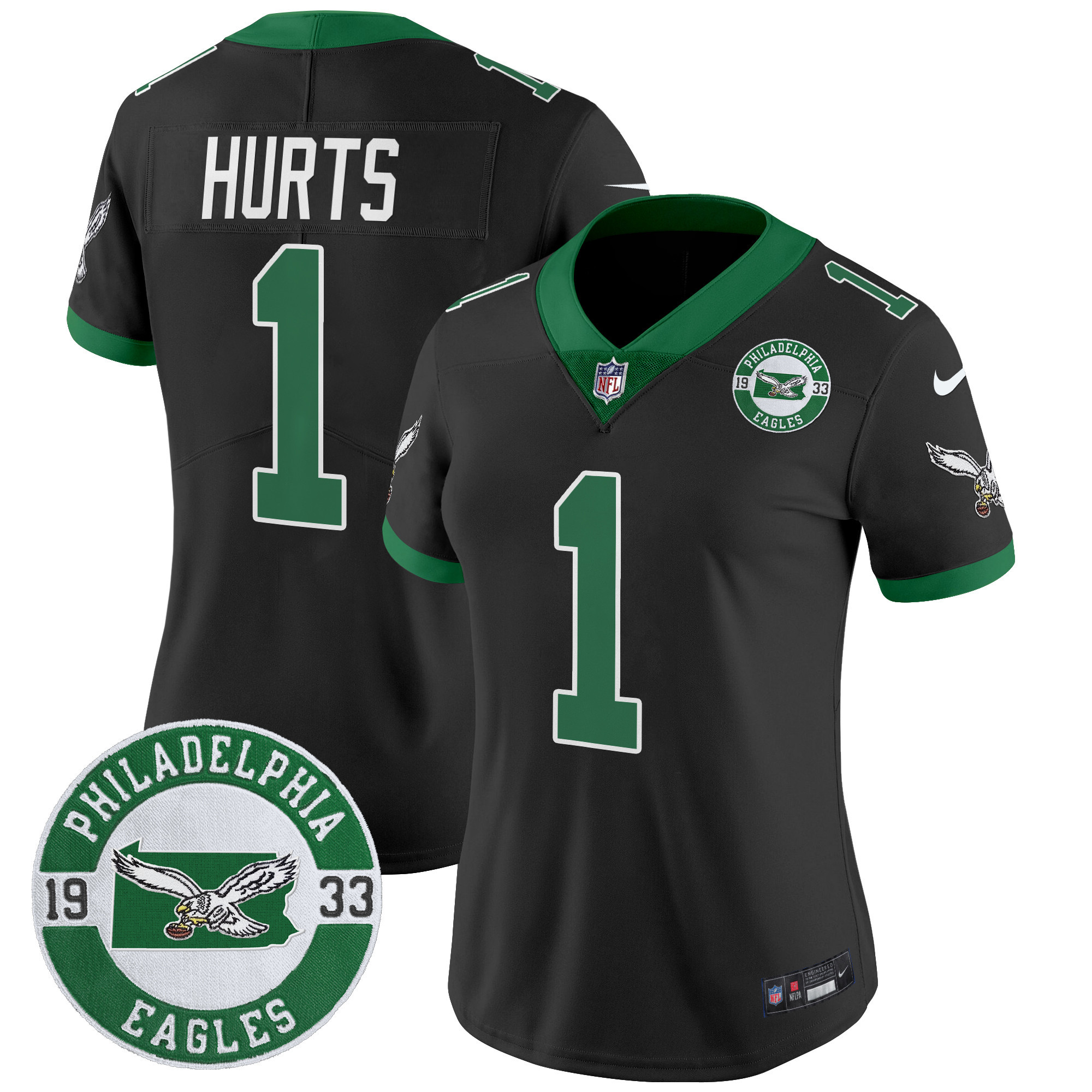Jalen Hurts Women's Philadelphia Eagles 2024 Throwback Vapor Limited Black Jersey - Est. 1933 Patch - All Stitched