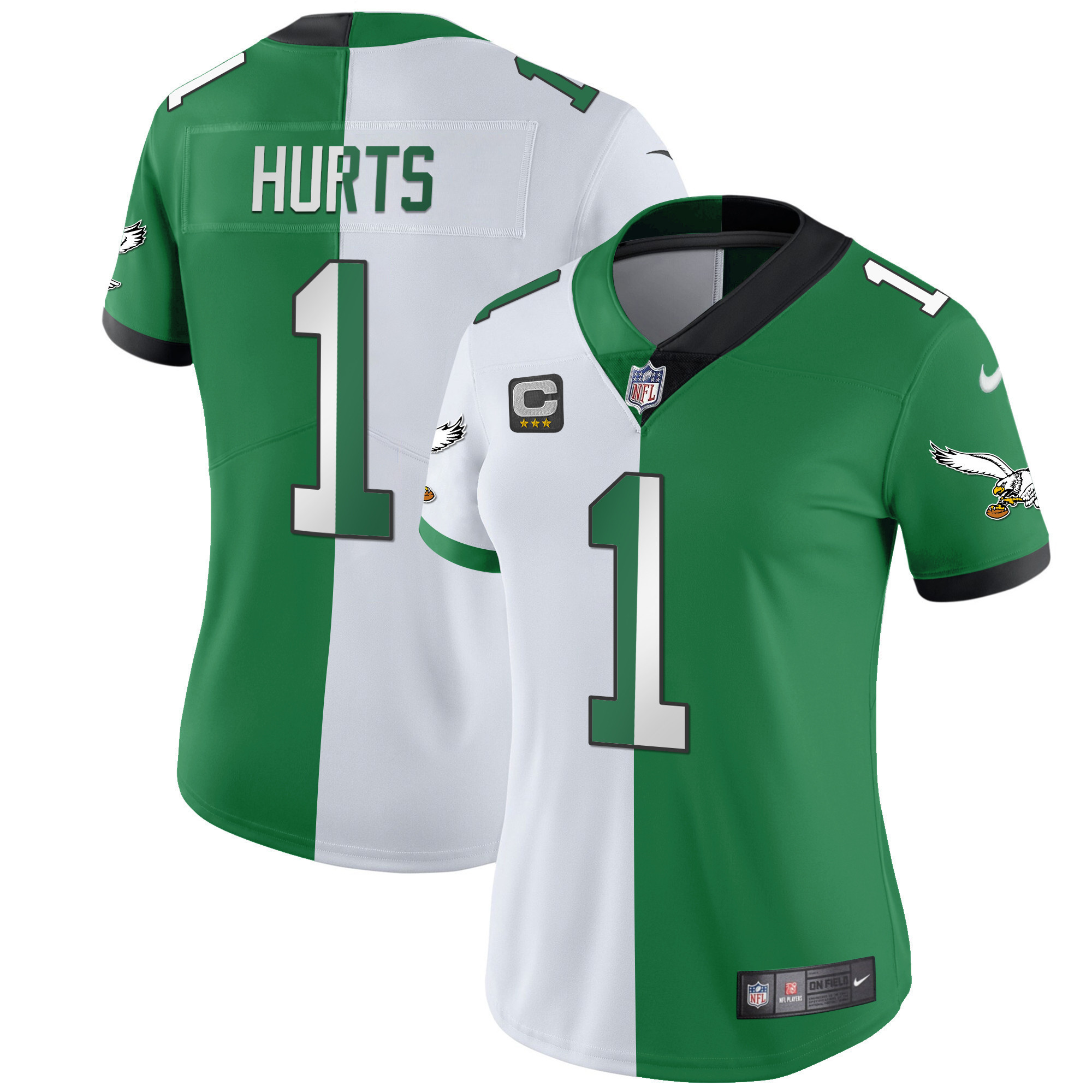Jalen Hurts Women's Philadelphia Eagles Gold & Kelly Vapor Split Jersey - All Stitched