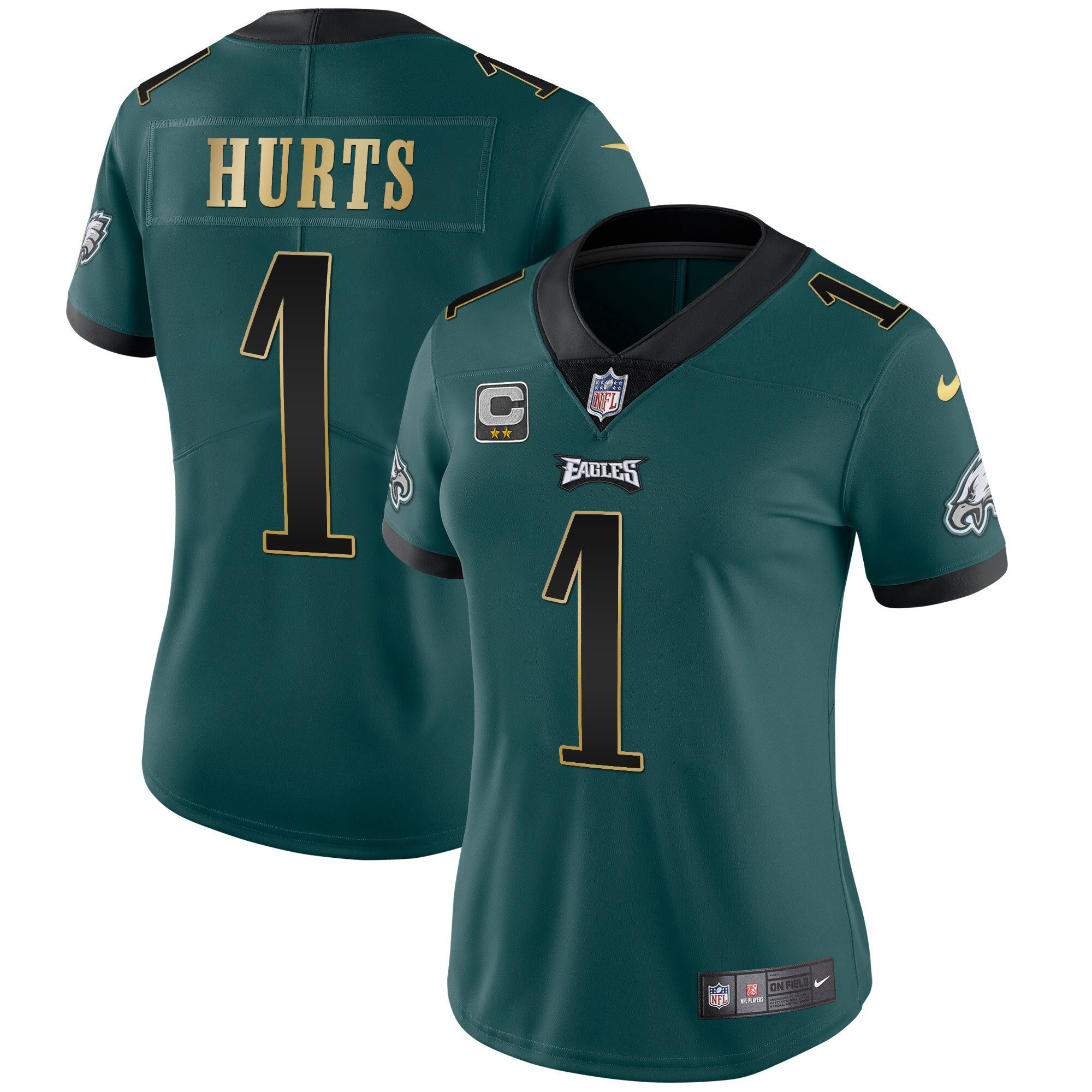 Jalen Hurts Women's Philadelphia Eagles Gold Trim Vapor Player Green Gold Trim Jersey - All Stitched