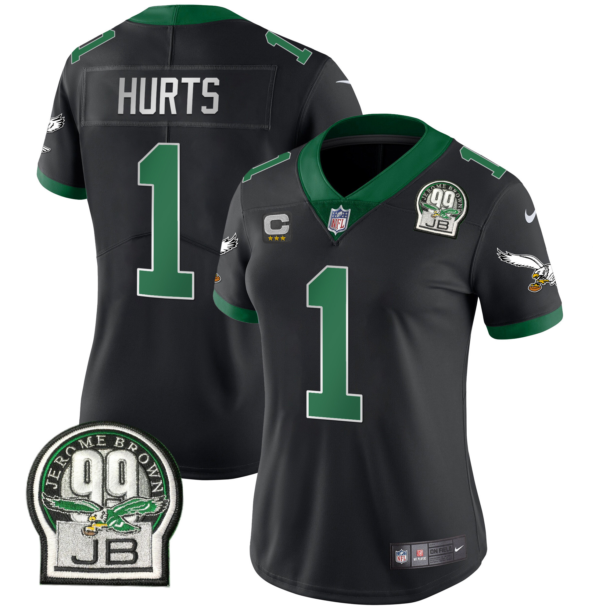 Jalen Hurts Women's Philadelphia Eagles Jerome Brown Patch Kelly Green Alternate Black Jersey - All Stitched