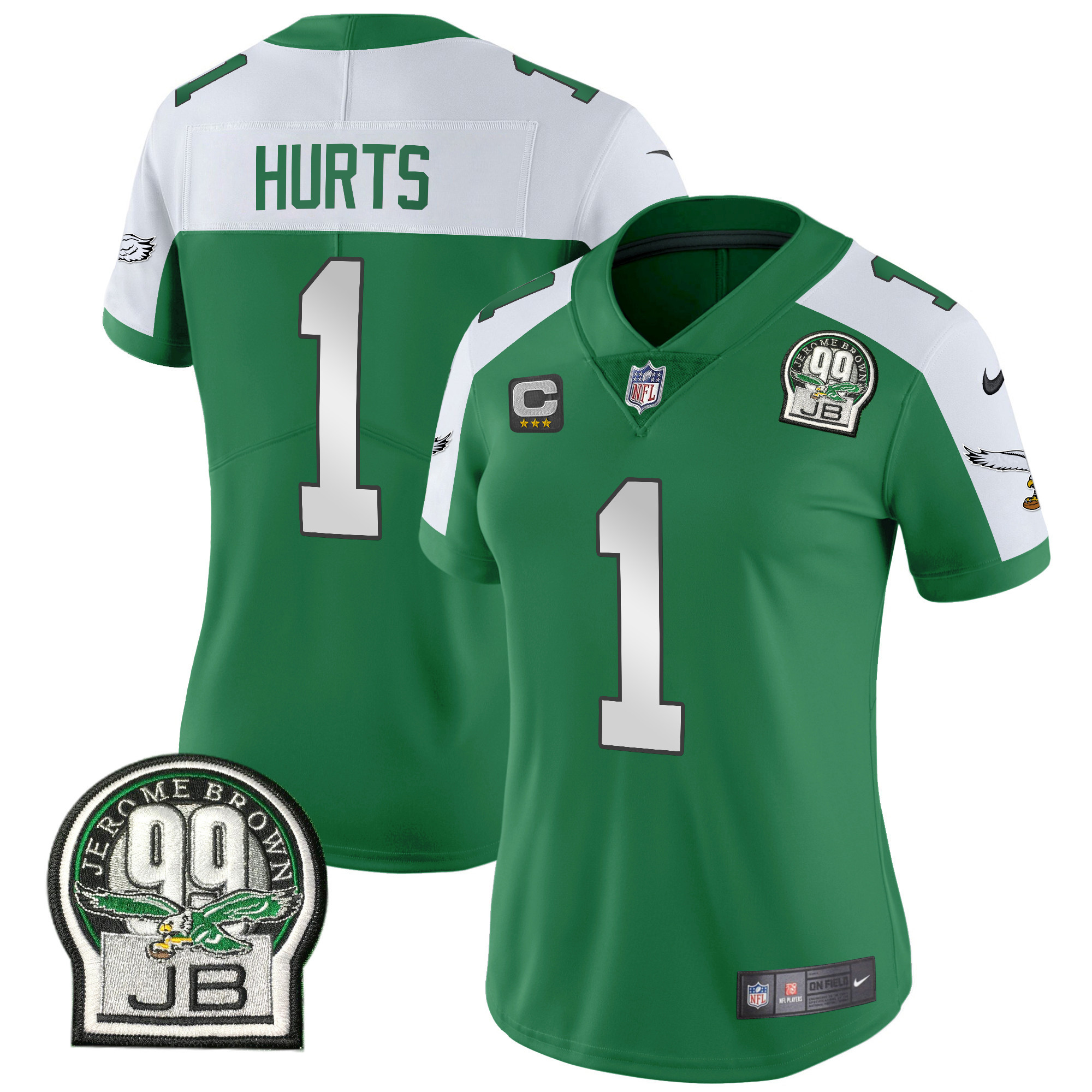 Jalen Hurts Women's Philadelphia Eagles Jerome Brown Patch Kelly Green Alternate Kelly Alternate Jersey - All Stitched