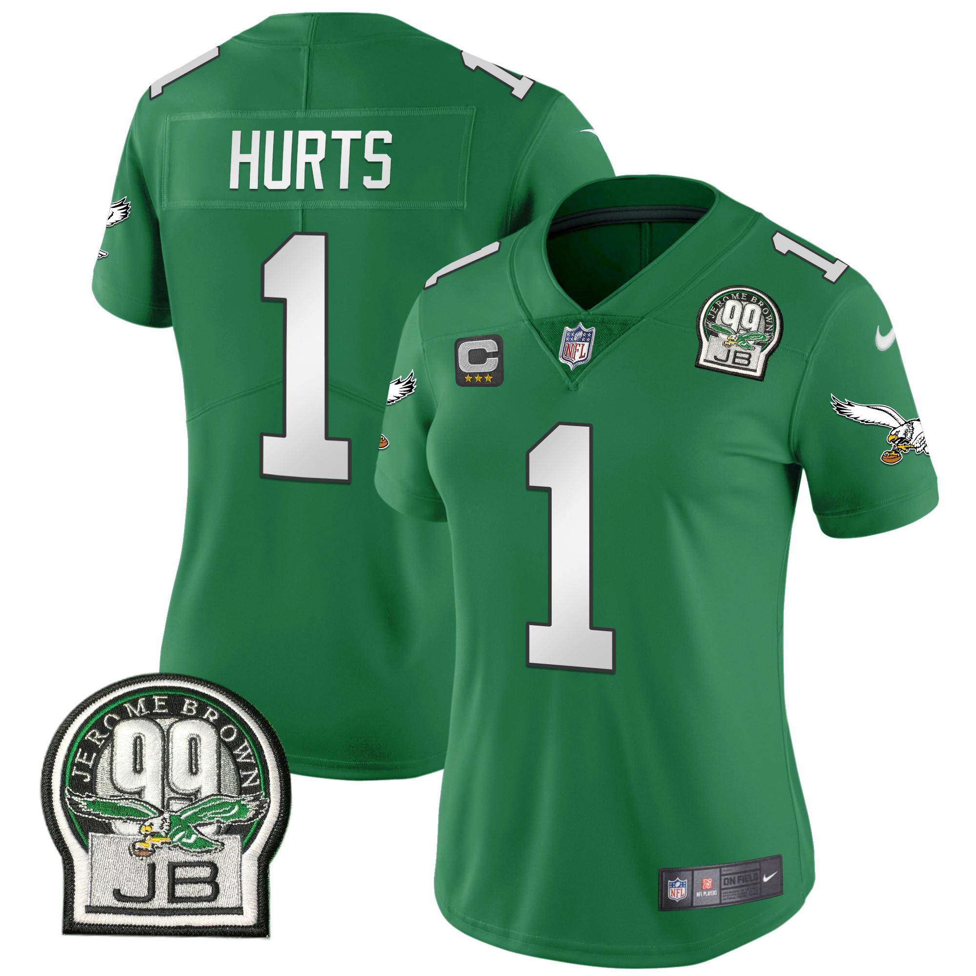Jalen Hurts Women's Philadelphia Eagles Jerome Brown Retired Patch Gold & Kelly Kelly Green Jersey - All Stitched