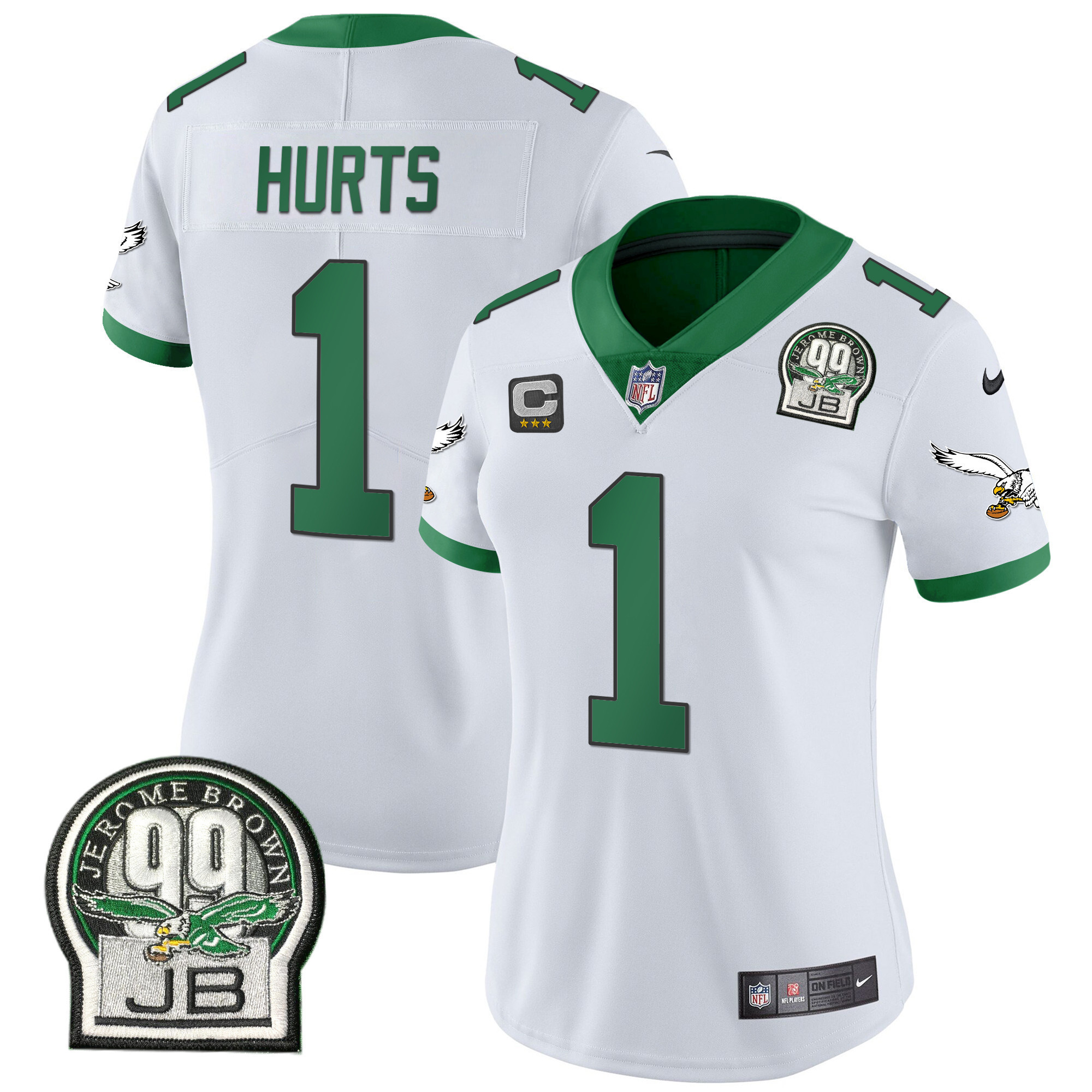 Jalen Hurts Women's Philadelphia Eagles Jerome Brown Retired Patch Gold & Kelly Kelly White Jersey - All Stitched