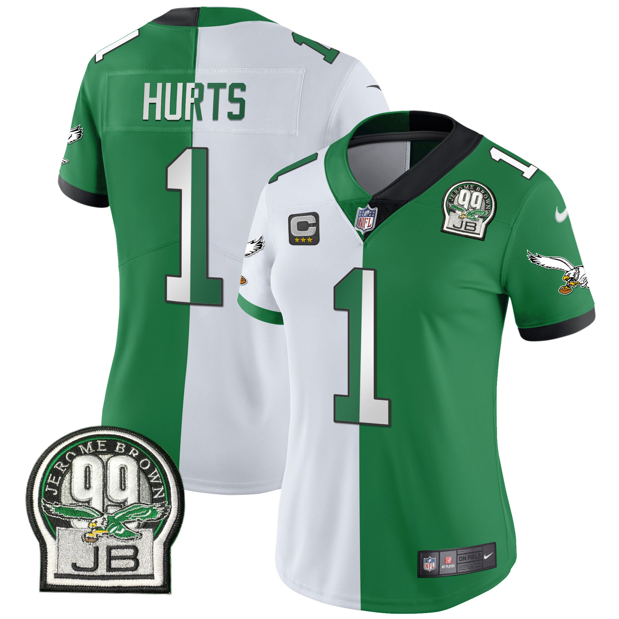 Jalen Hurts Women's Philadelphia Eagles Jerome Brown Retired Patch Gold & Kelly Split Jersey - All Stitched
