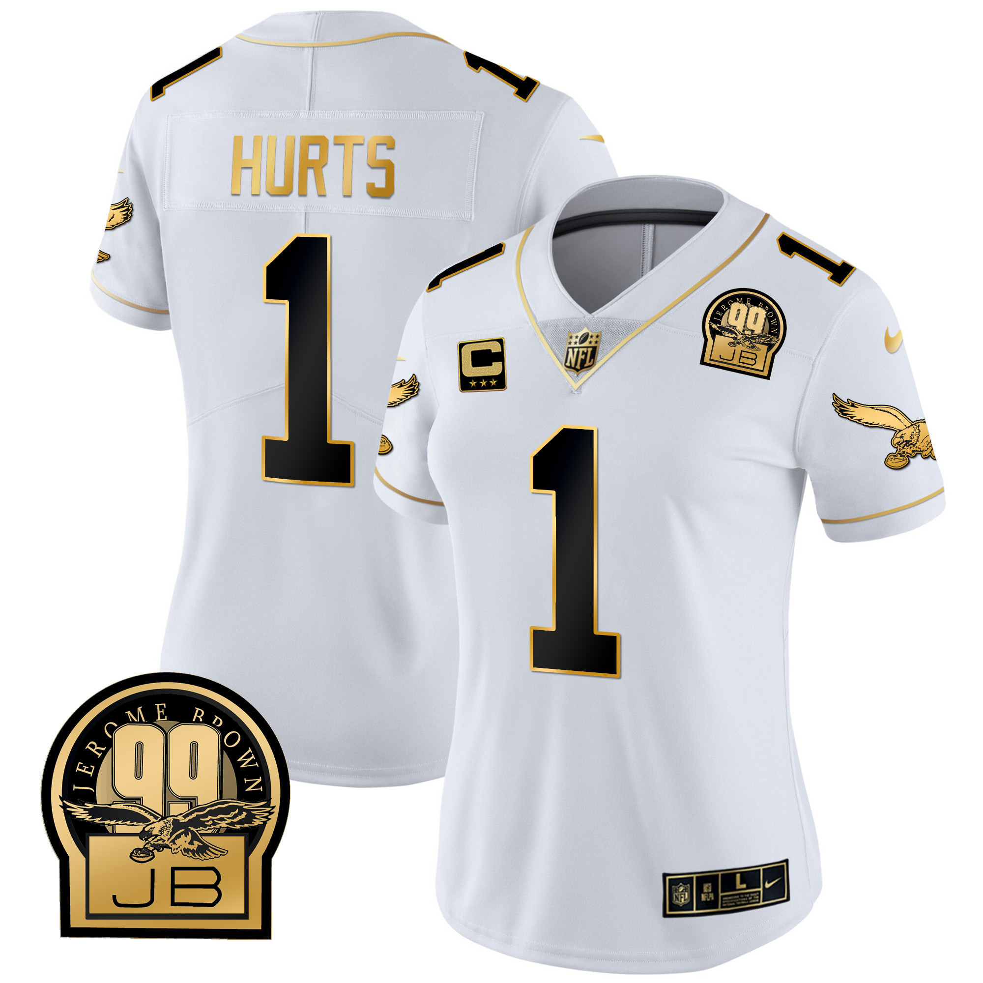 Jalen Hurts Women's Philadelphia Eagles Jerome Brown Retired Patch Gold & Kelly White Gold Jersey - All Stitched