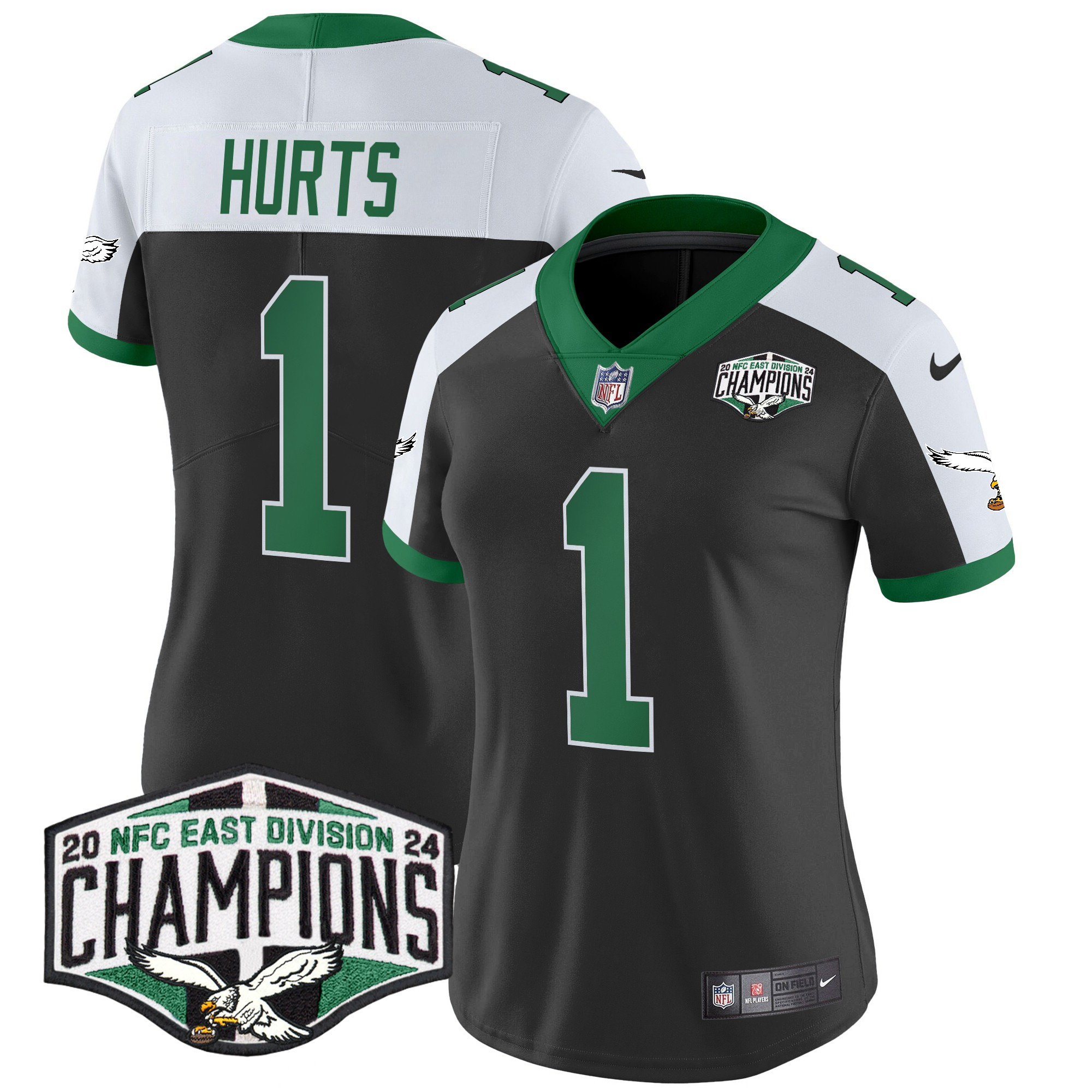Jalen Hurts Women's Philadelphia Eagles Kelly Green 2024 NFC East Division Champions Vapor Limited Black Alternate Jersey - All Stitched