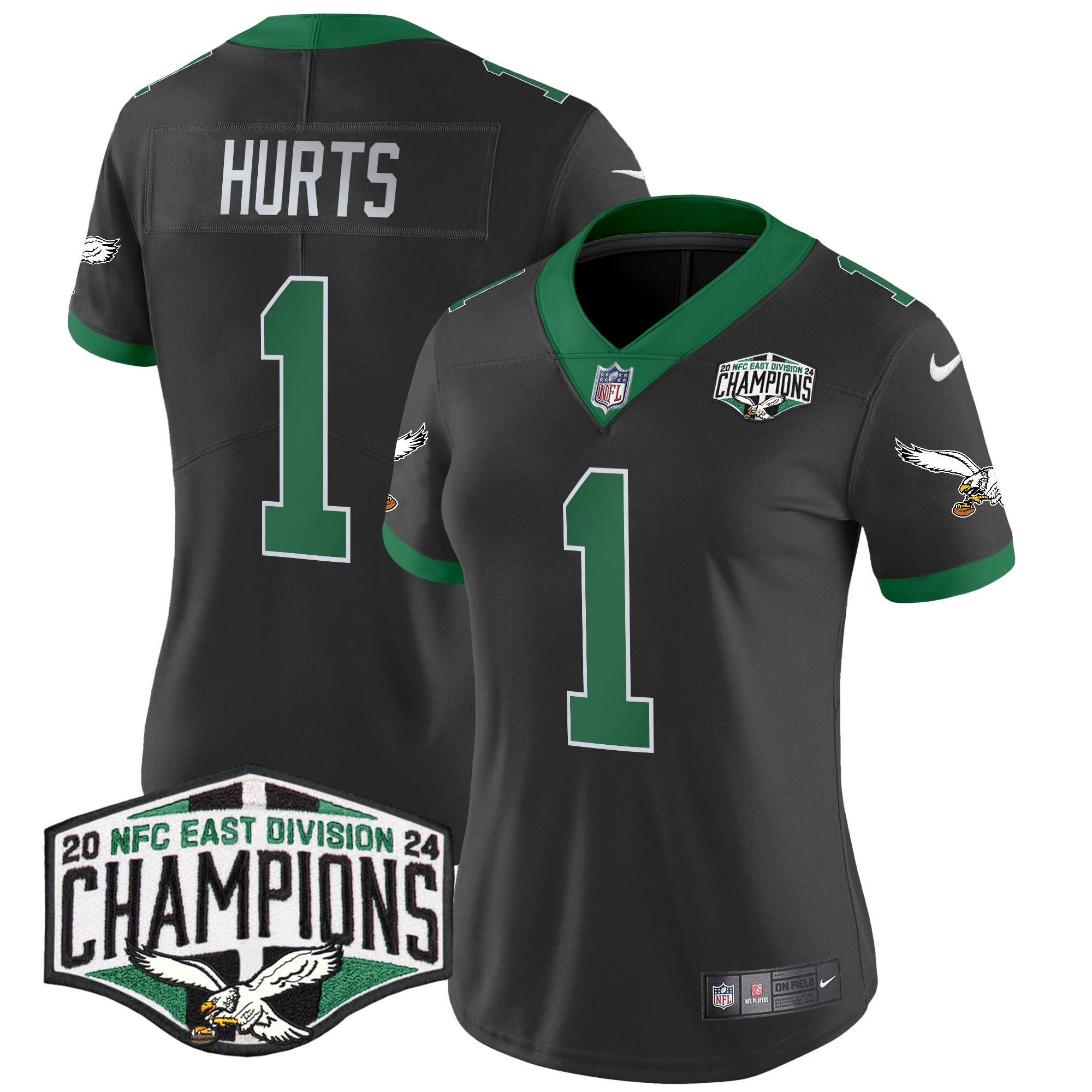 Jalen Hurts Women's Philadelphia Eagles Kelly Green 2024 NFC East Division Champions Vapor Limited Black Jersey - All Stitched