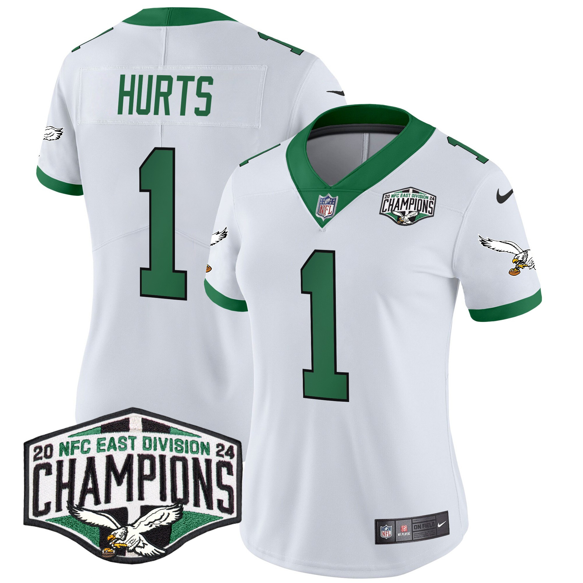 Jalen Hurts Women's Philadelphia Eagles Kelly Green 2024 NFC East Division Champions Vapor Limited Kelly White Jersey - All Stitched