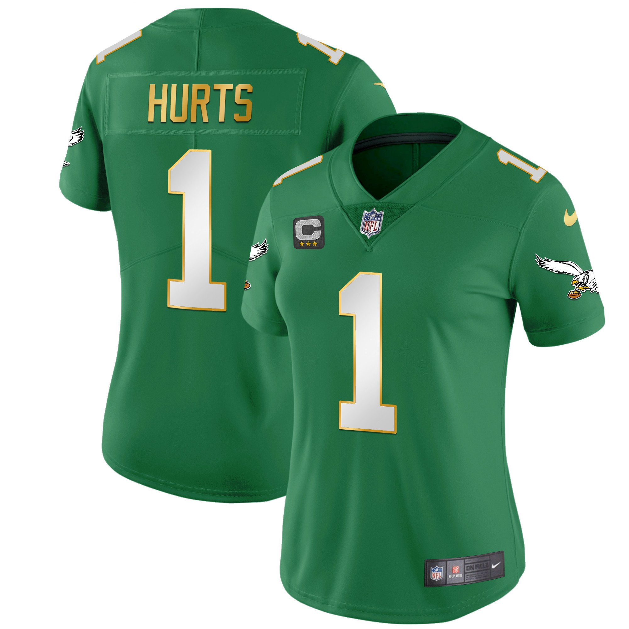 Jalen Hurts Women's Philadelphia Eagles Kelly Green Gold Gold Trim Jersey - All Stitched