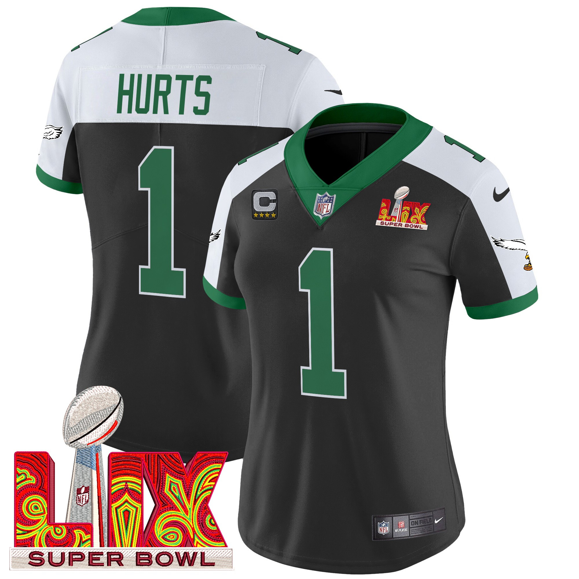 Jalen Hurts Women's Philadelphia Eagles Kelly Green Super Bowl LIX Patch Vapor Limited Black Alternate Jersey - All Stitched