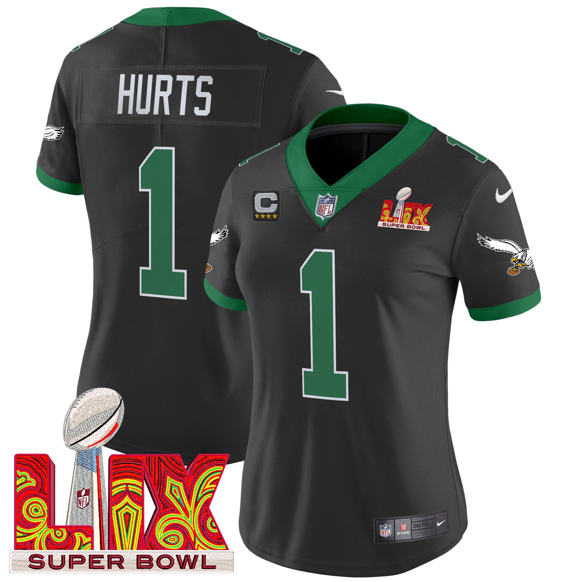 Jalen Hurts Women's Philadelphia Eagles Kelly Green Super Bowl LIX Patch Vapor Limited Black Jersey - All Stitched