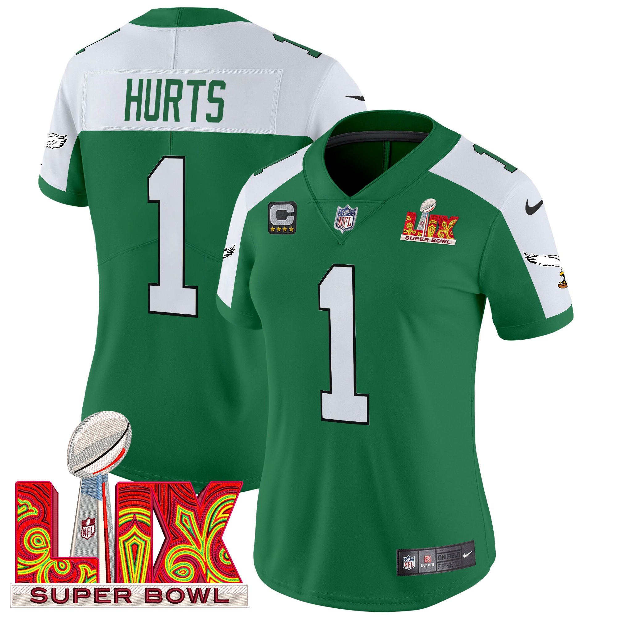 Jalen Hurts Women's Philadelphia Eagles Kelly Green Super Bowl LIX Patch Vapor Limited Kelly Alternate Jersey - All Stitched