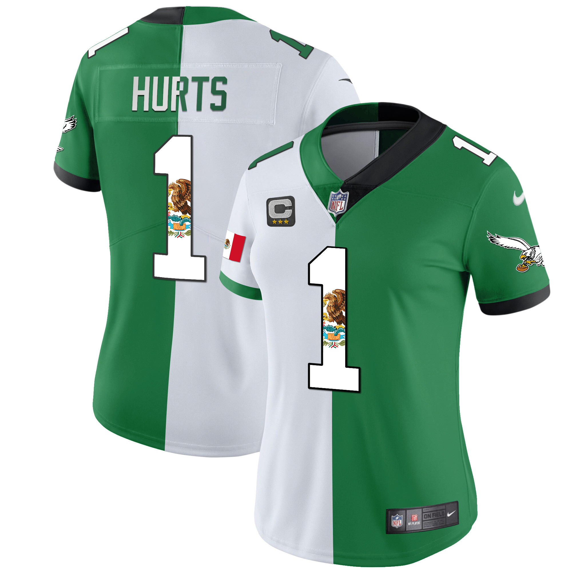 Jalen Hurts Women's Philadelphia Eagles Mexico Gold & Kelly Vapor Split Jersey - All Stitched