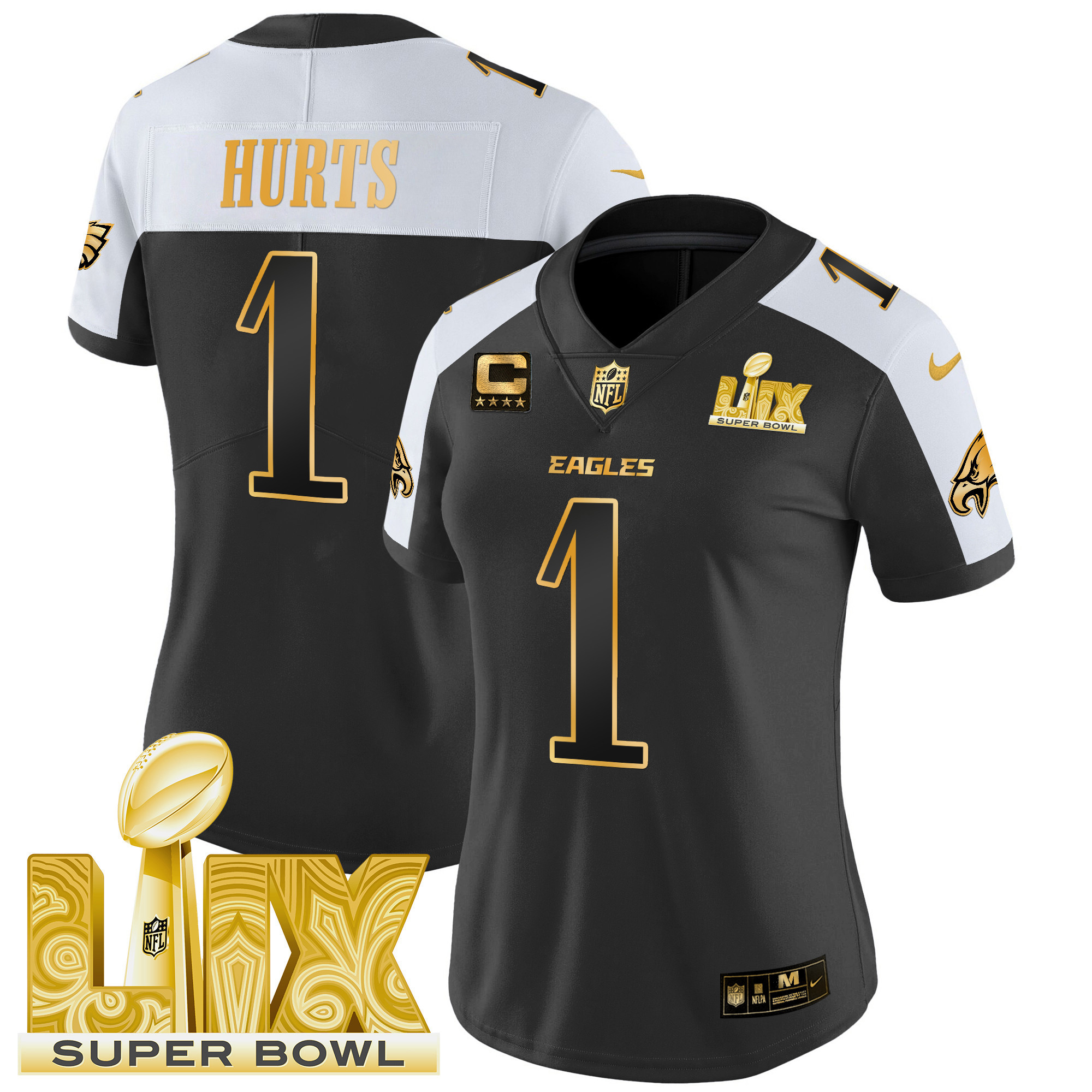 Jalen Hurts Women's Philadelphia Eagles Super Bowl LIX Patch Gold Vapor Limited Alternate Jersey - All Stitched