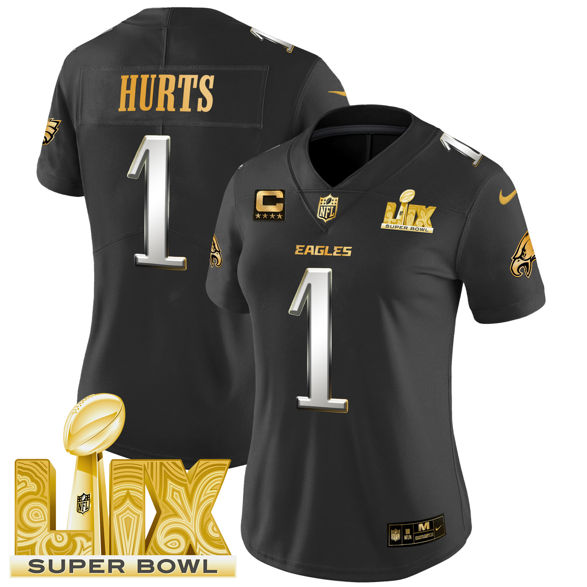 Jalen Hurts Women's Philadelphia Eagles Super Bowl LIX Patch Gold Vapor Limited Black Limited Jersey - All Stitched