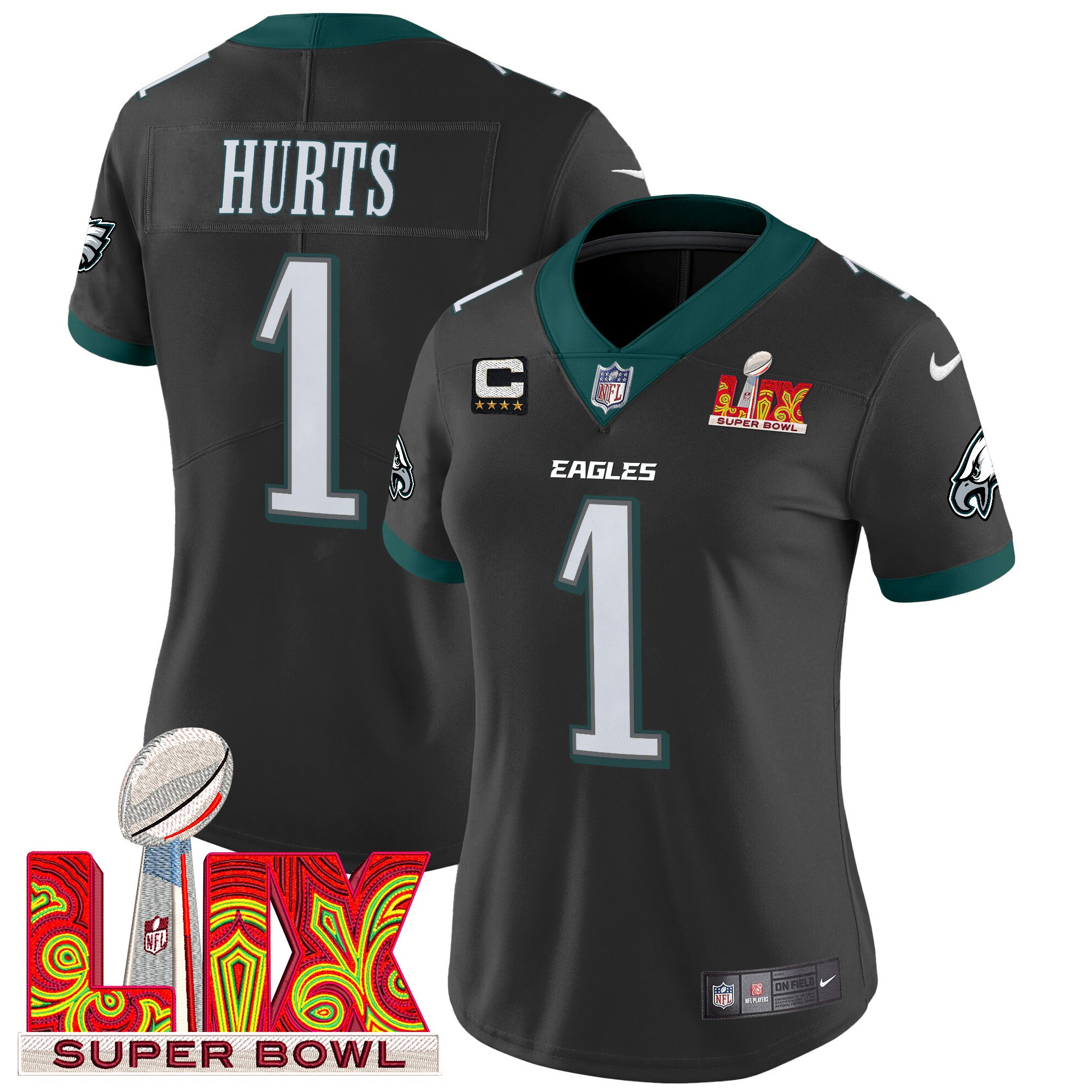 Jalen Hurts Women's Philadelphia Eagles Super Bowl LIX Patch Vapor Limited Black Jersey - All Stitched