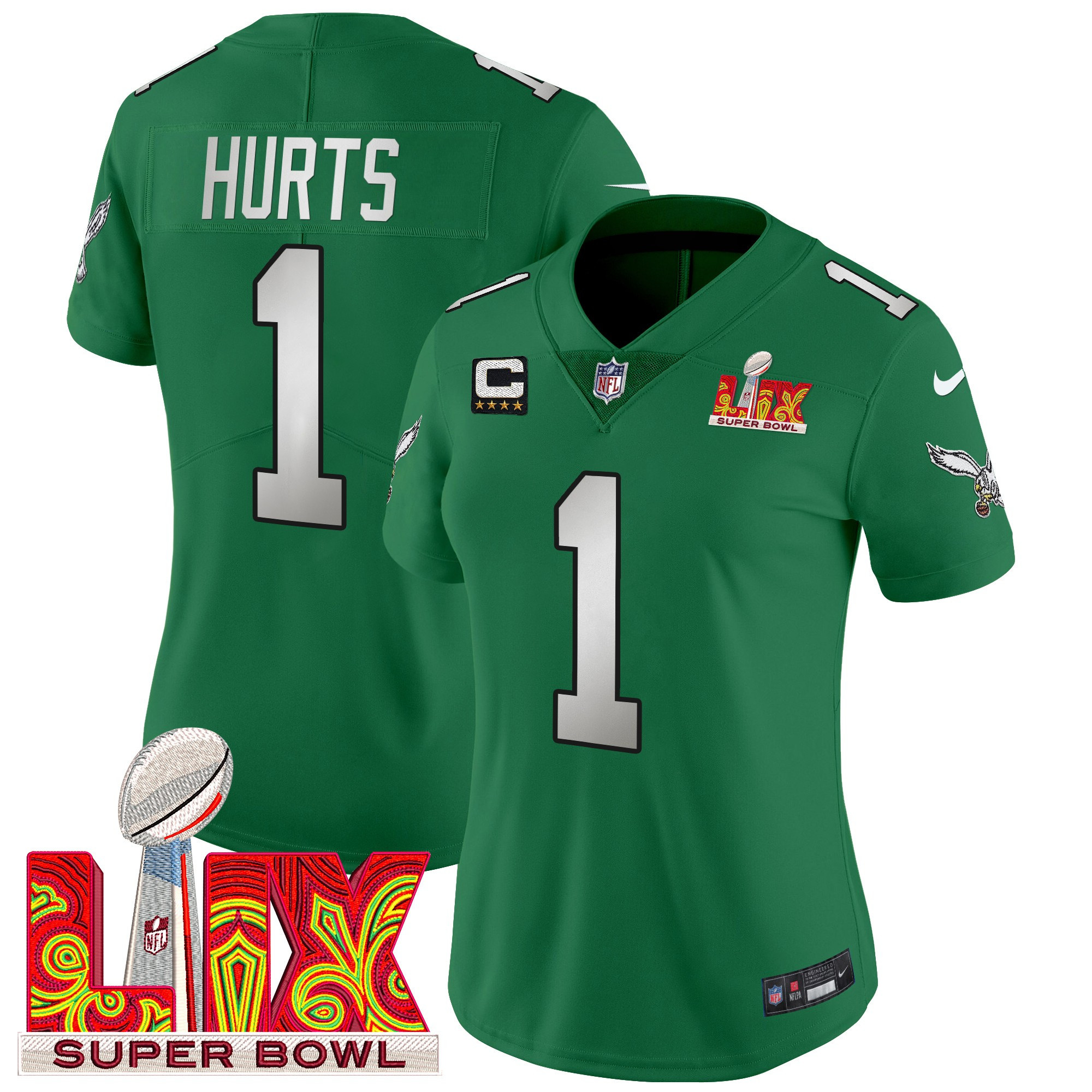 Jalen Hurts Women's Philadelphia Eagles Super Bowl LIX Patch Vapor Limited Kelly Green Jersey - All Stitched