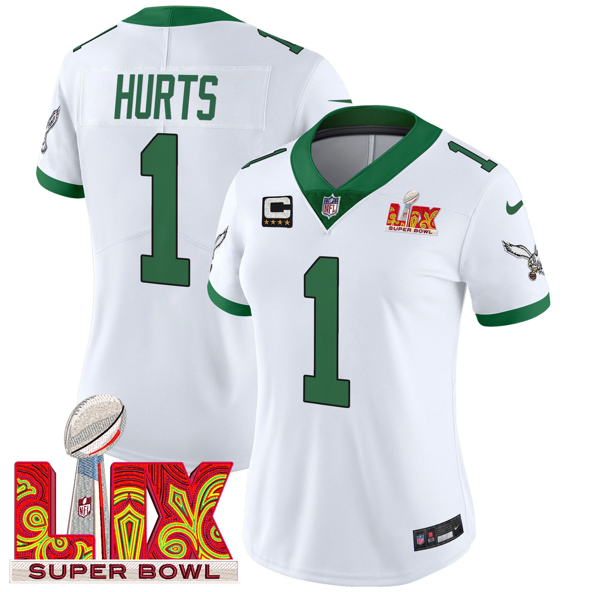 Jalen Hurts Women's Philadelphia Eagles Super Bowl LIX Patch Vapor Limited Kelly White Jersey - All Stitched
