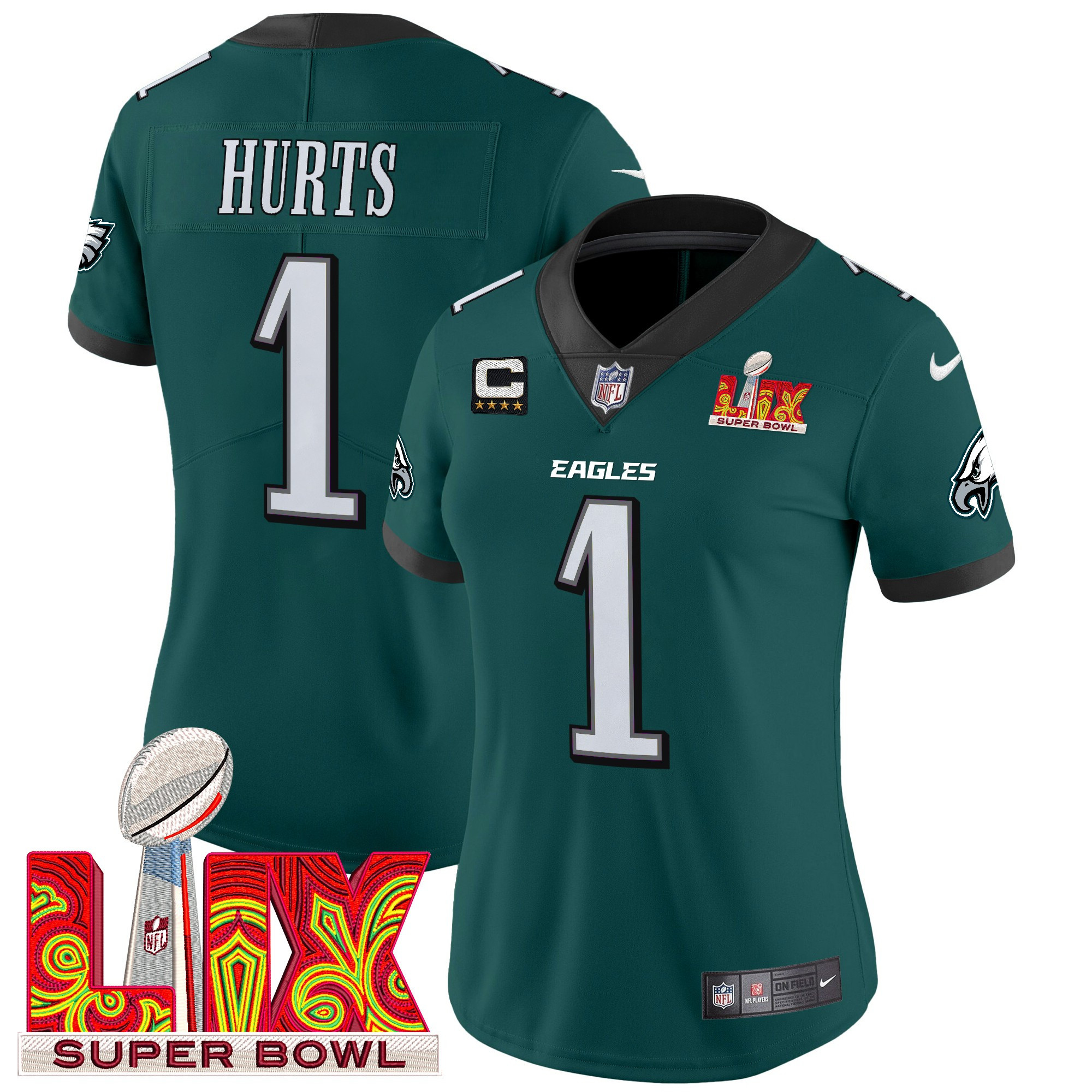 Jalen Hurts Women's Philadelphia Eagles Super Bowl LIX Patch Vapor Limited Midnight Green Jersey - All Stitched