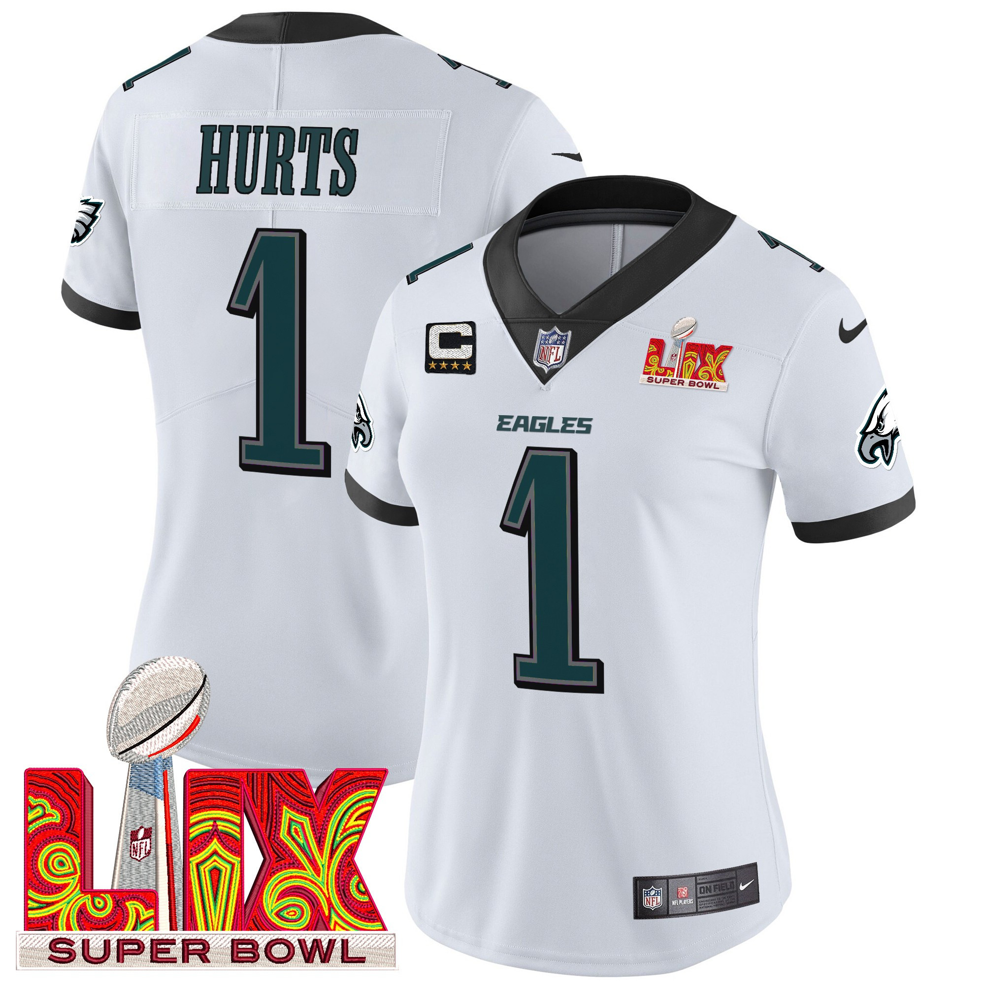 Jalen Hurts Women's Philadelphia Eagles Super Bowl LIX Patch Vapor Limited White Jersey - All Stitched