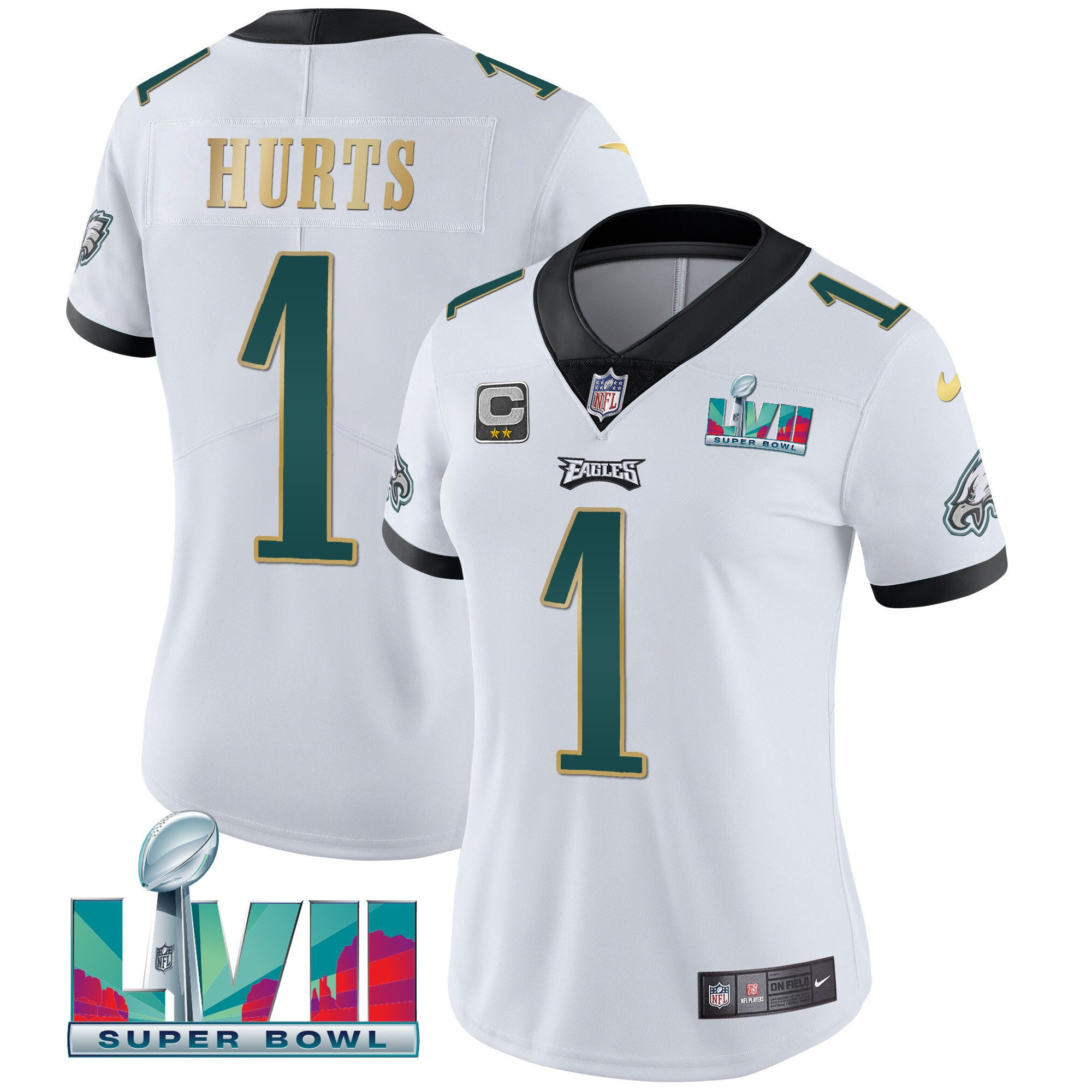 Jalen Hurts Women's Philadelphia Eagles Super Bowl LVII Gold Trim White Gold Trim Jersey - All Stitched
