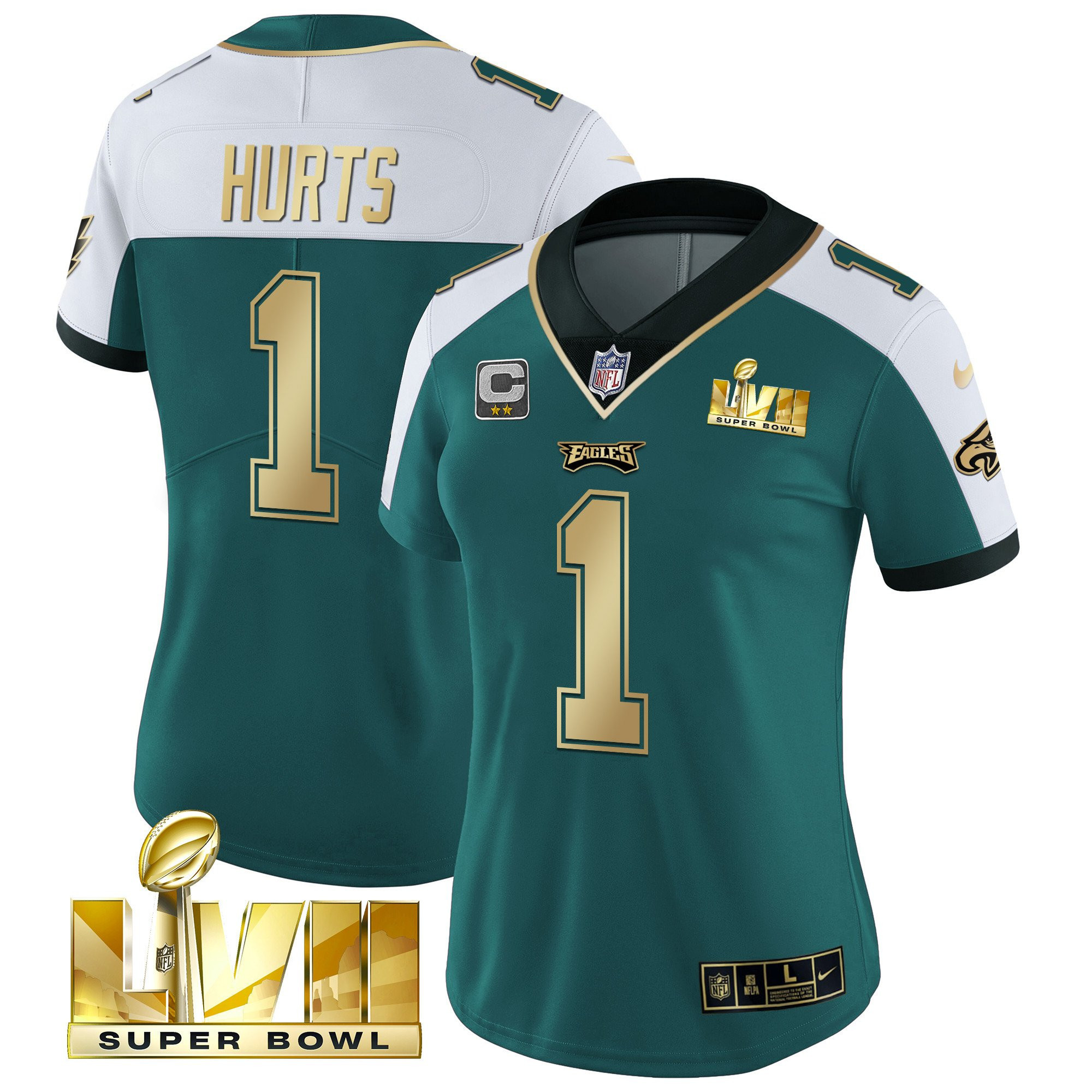 Jalen Hurts Women's Philadelphia Eagles Super Bowl LVII Gold Vapor Alternate Green Jersey - All Stitched