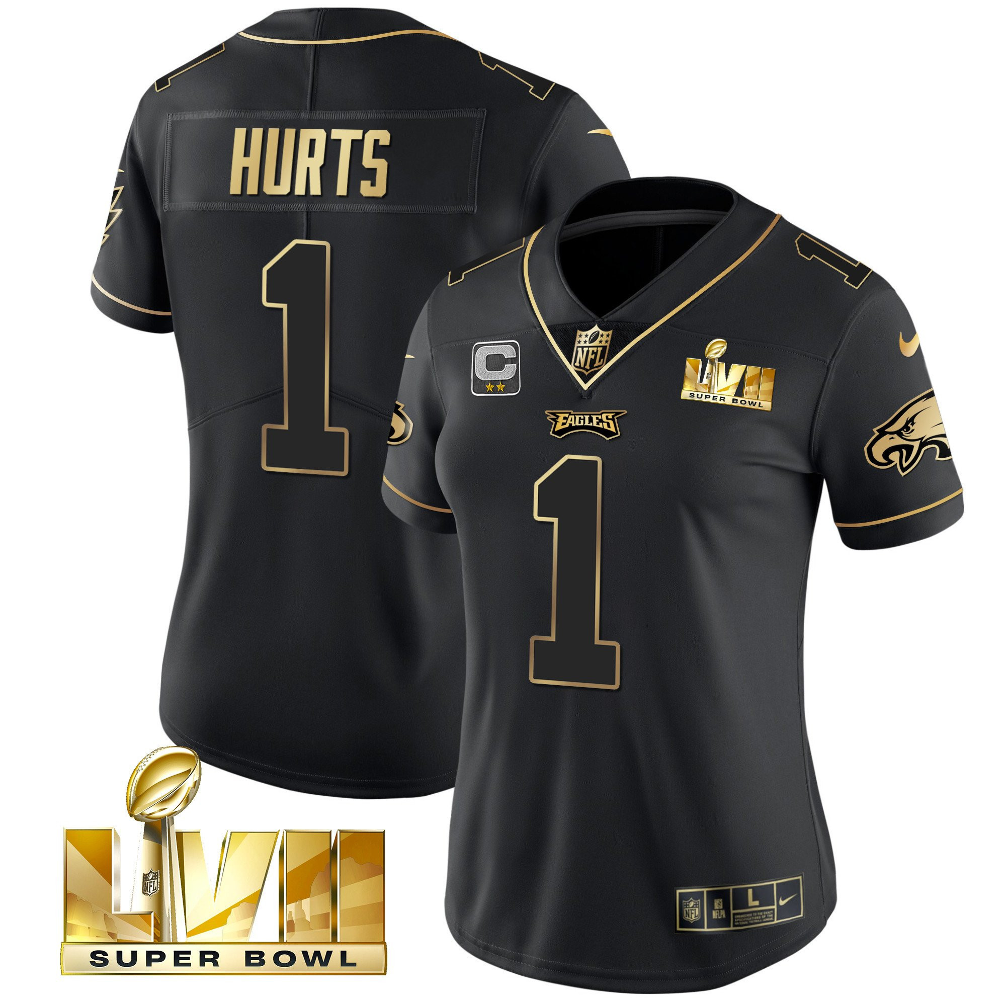 Jalen Hurts Women's Philadelphia Eagles Super Bowl LVII Gold Vapor Black Gold Jersey - All Stitched