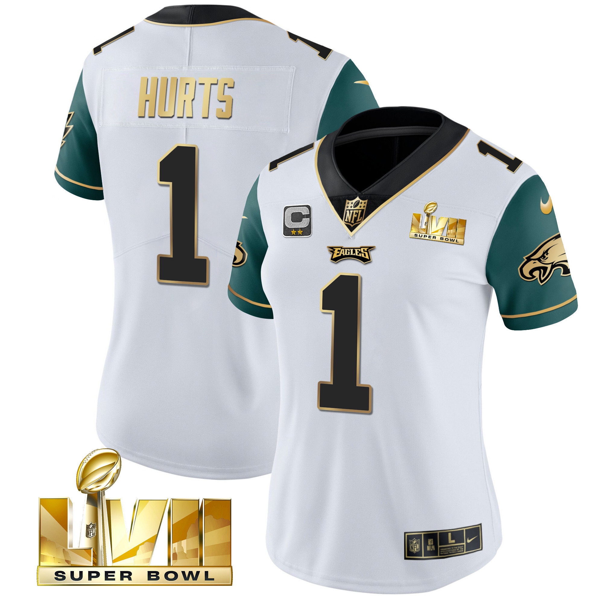Jalen Hurts Women's Philadelphia Eagles Super Bowl LVII Gold Vapor Midnight Green Sleeves Jersey - All Stitched