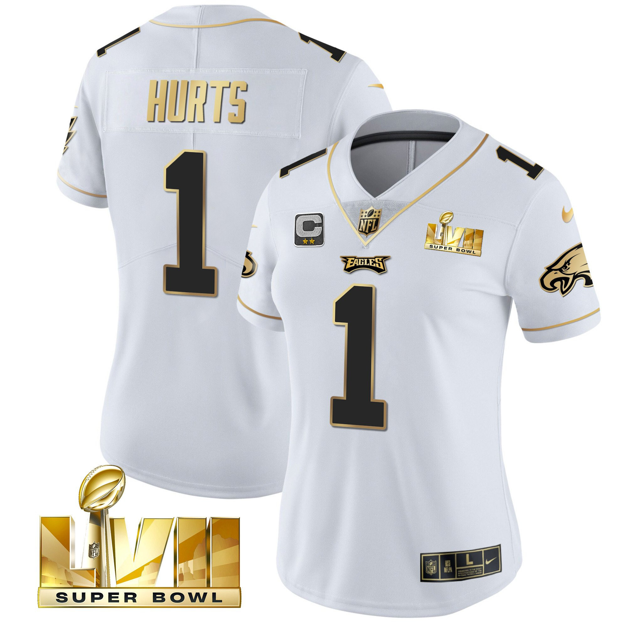 Jalen Hurts Women's Philadelphia Eagles Super Bowl LVII Gold Vapor White Gold Jersey - All Stitched