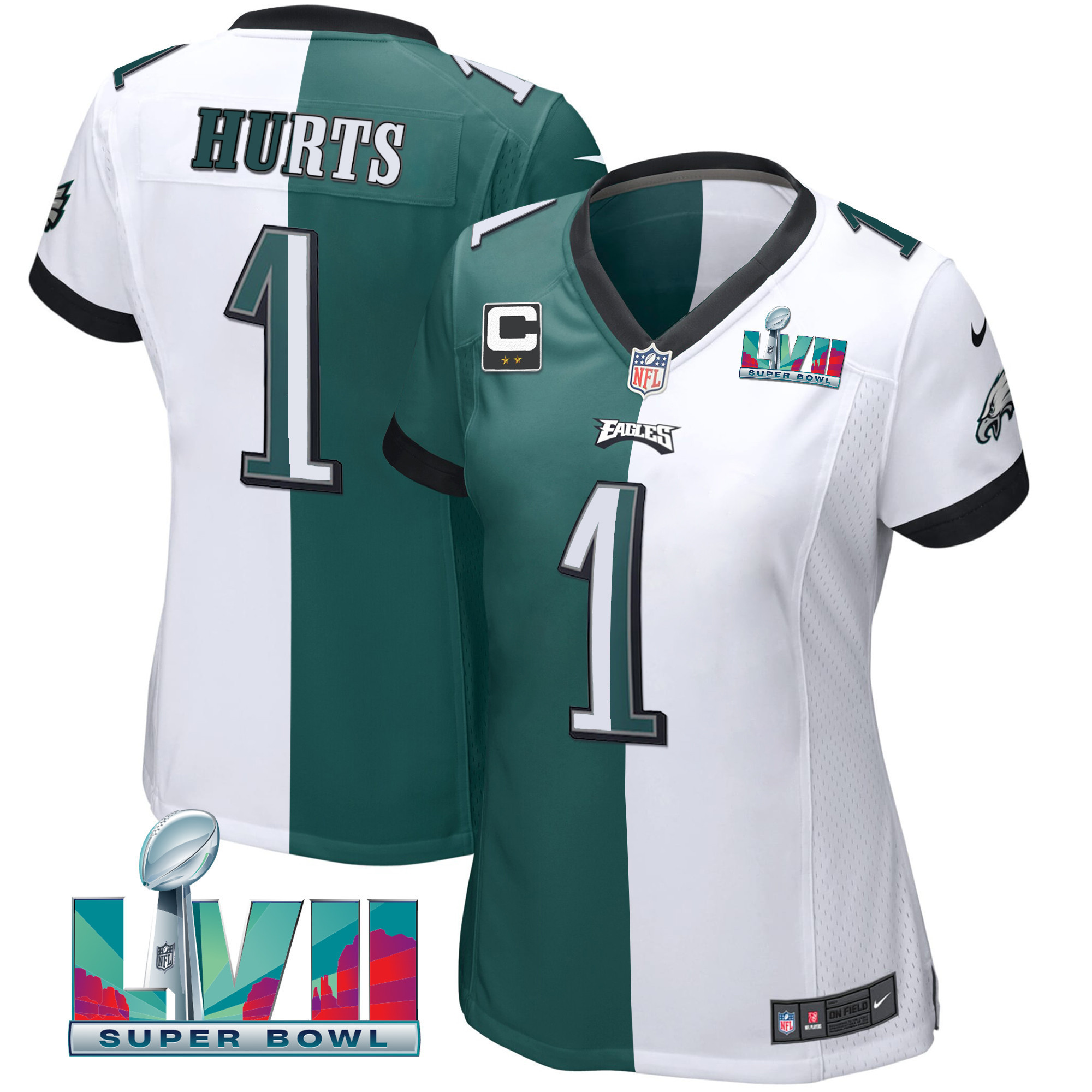 Jalen Hurts Women's Philadelphia Eagles Super Bowl LVII Split Split White Green Jersey - All Stitched
