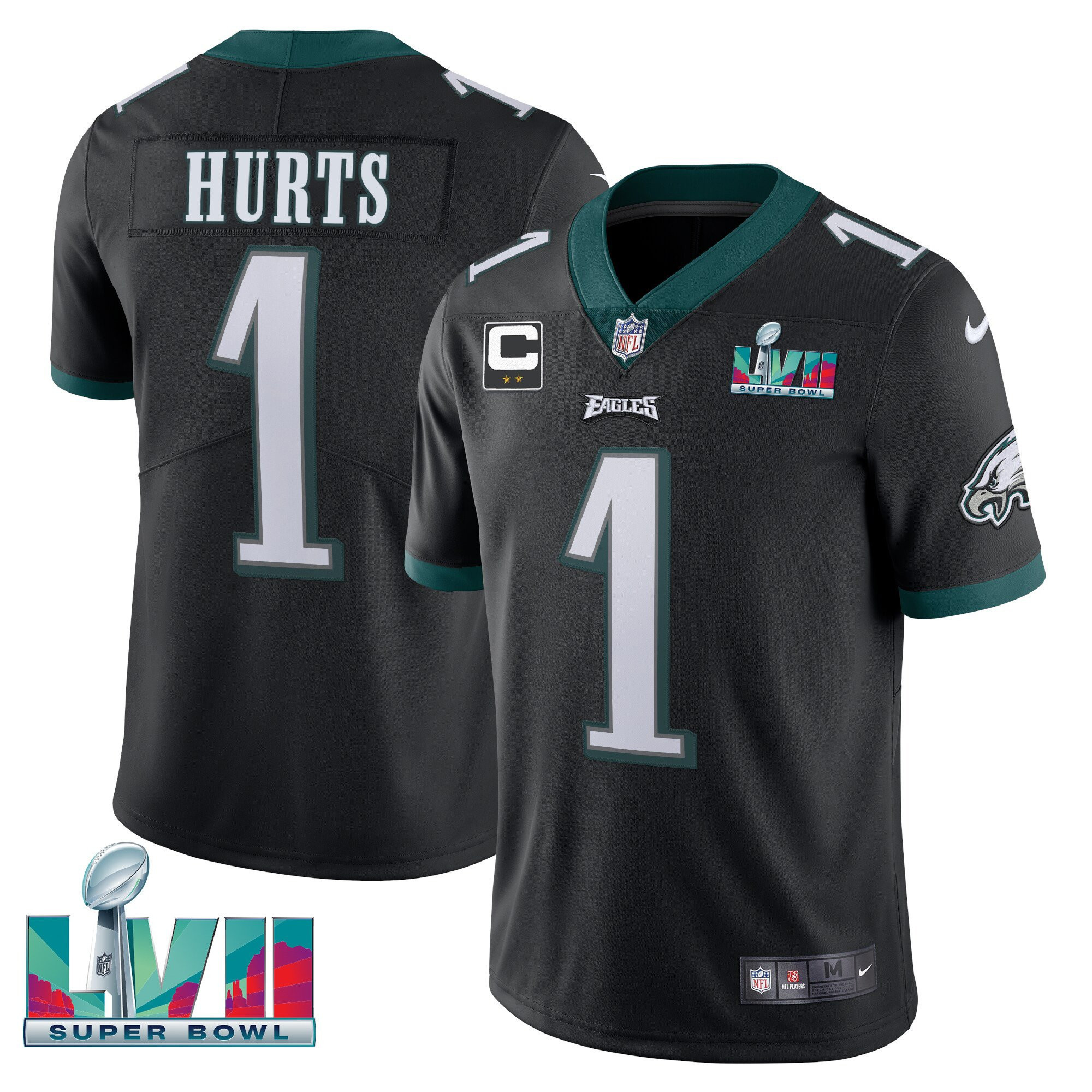 Jalen Hurts Youth's Philadelphia Eagles Super Bowl Patch Vapor Black Jersey - All Stitched