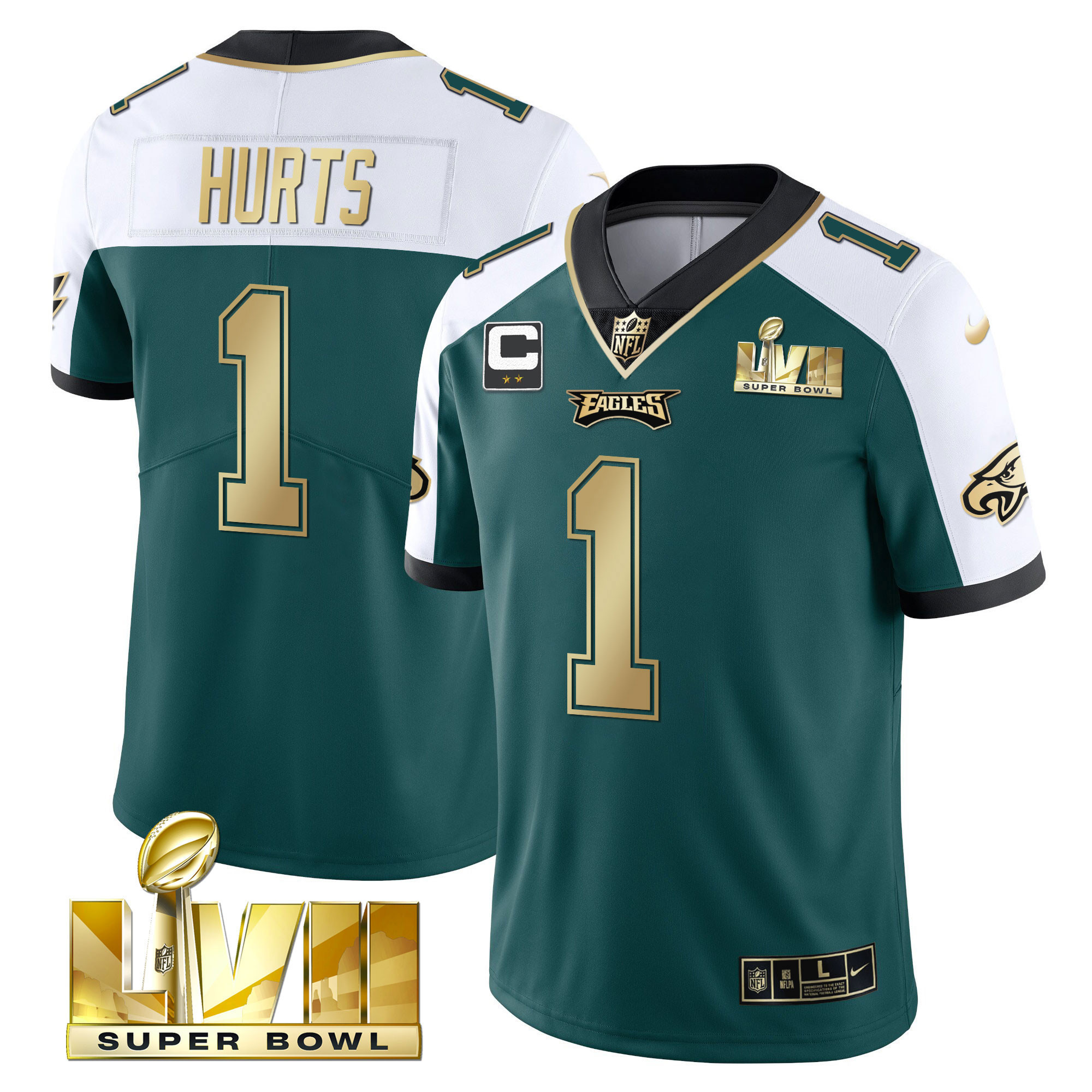Jalen Hurts Youth's Philadelphia Eagles Super Bowl Vapor Gold Alternate Green Jersey - All Stitched