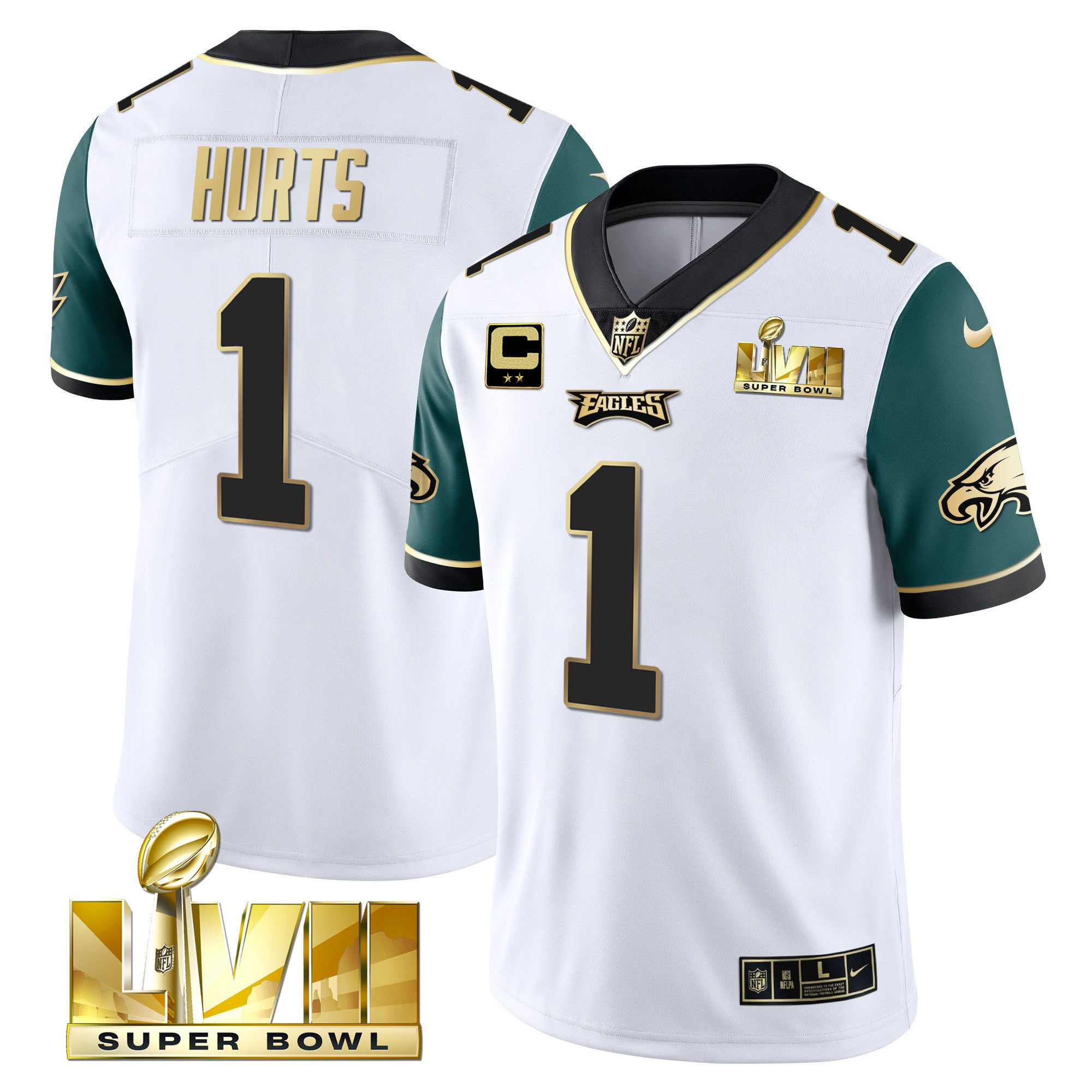 Jalen Hurts Youth's Philadelphia Eagles Super Bowl Vapor Gold Midnight Green Sleeves Jersey - All Stitched
