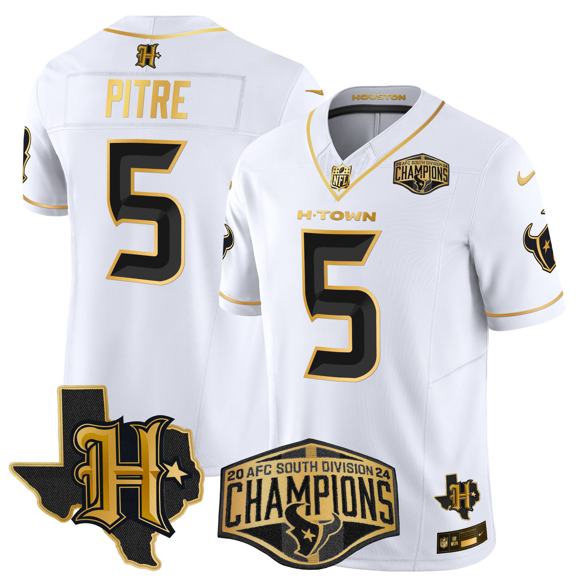 Jalen Pitre Men's Houston Texans 2024 AFC South Division Champions Patch Gold Vapor Limited White Gold Jersey - All Stitched