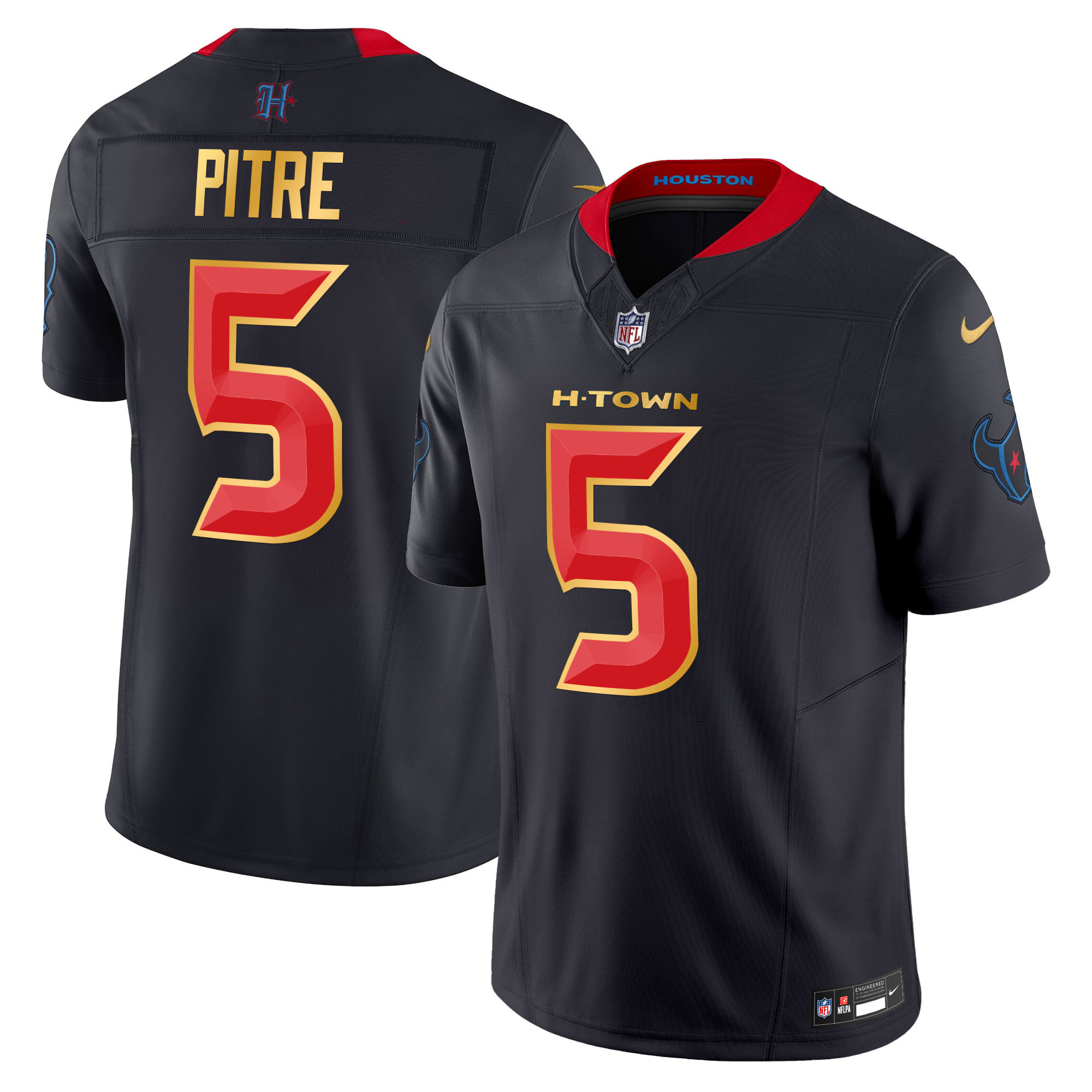 Jalen Pitre Men's Houston Texans 2024 Gold Trim Vapor Limited Navy Limited Jersey - All Stitched