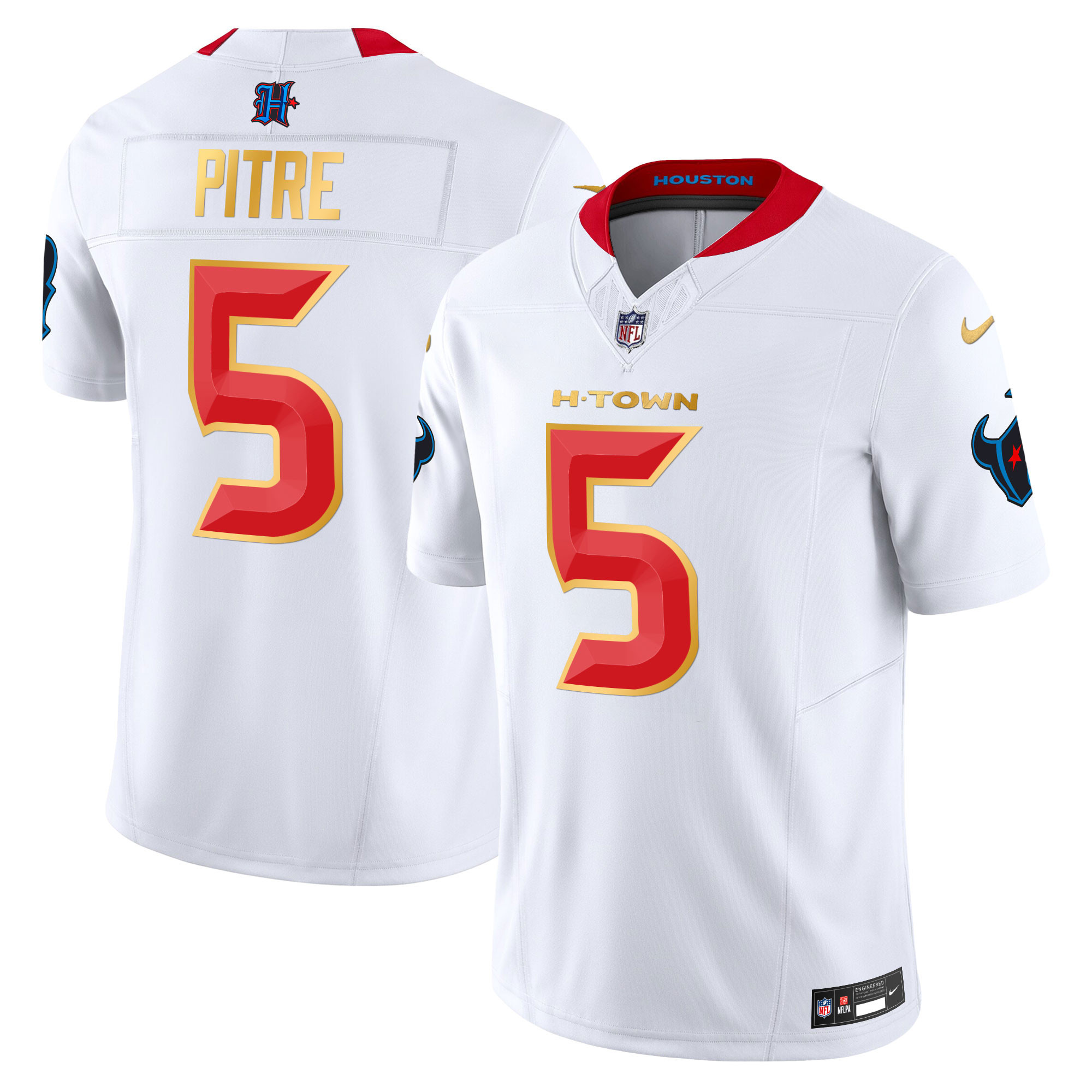 Jalen Pitre Men's Houston Texans 2024 Gold Trim Vapor Limited White Jersey - All Stitched