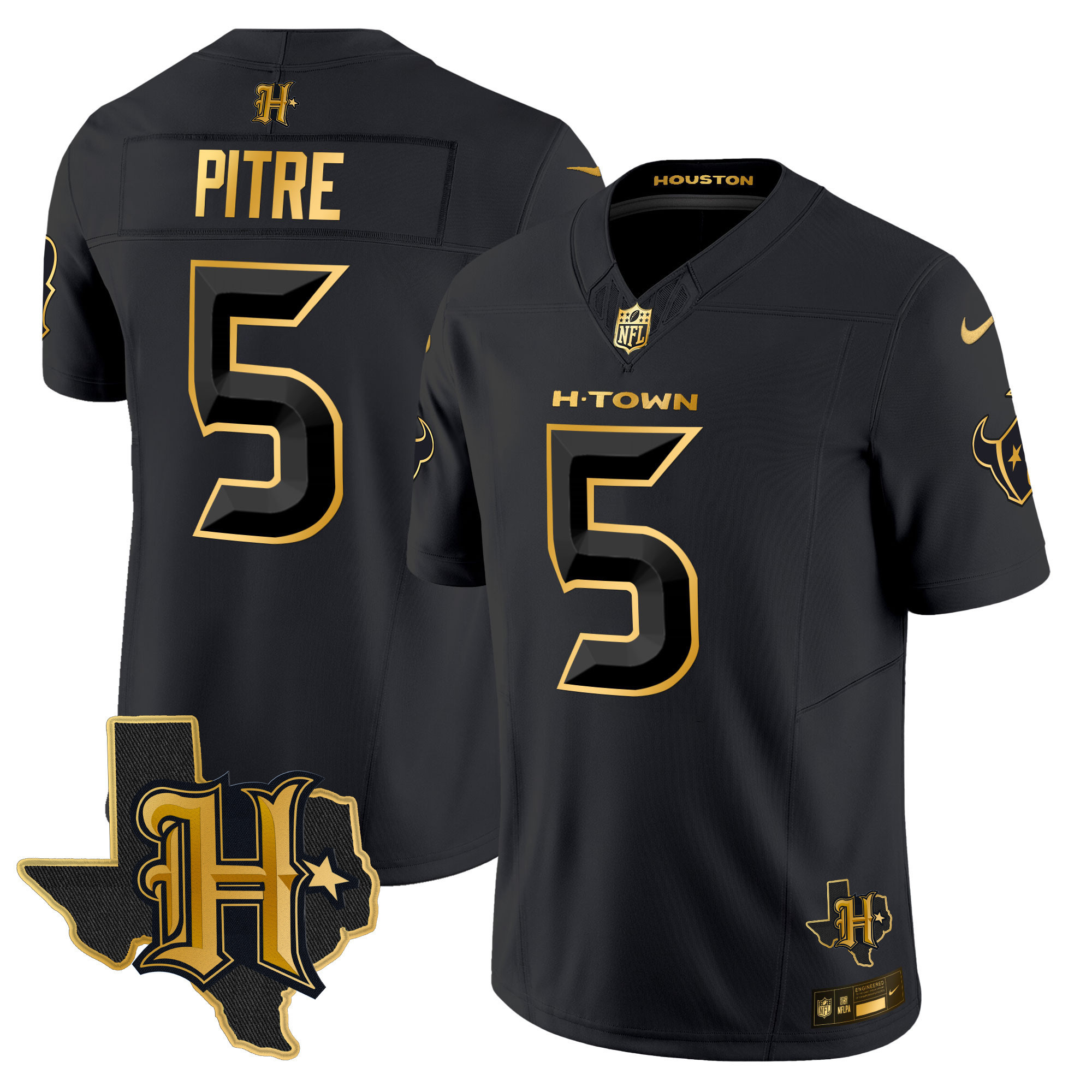 Jalen Pitre Men's Houston Texans 2024 Texas Patch Gold Vapor Limited Black Gold Jersey - All Stitched