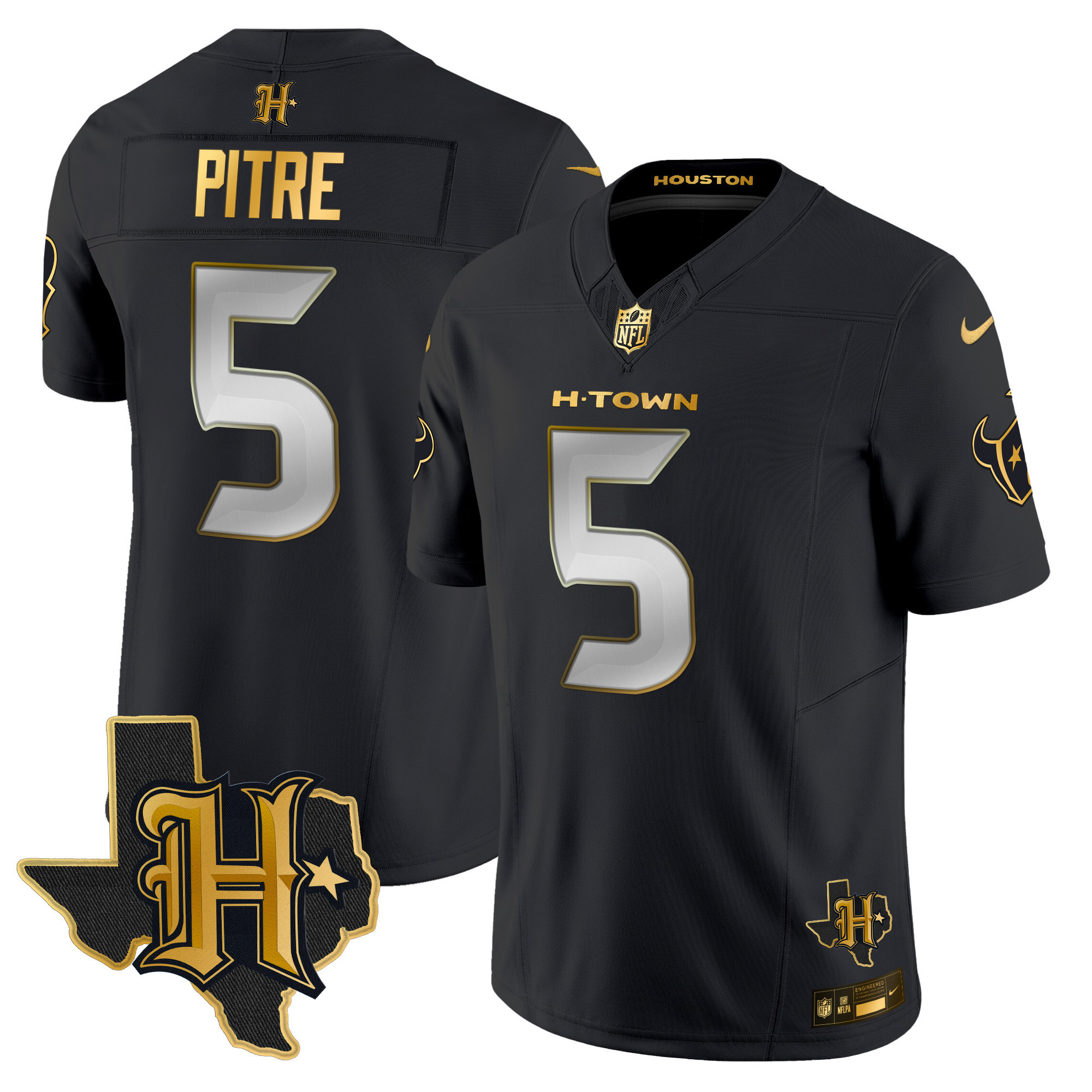 Jalen Pitre Men's Houston Texans 2024 Texas Patch Gold Vapor Limited Black Limited Jersey - All Stitched