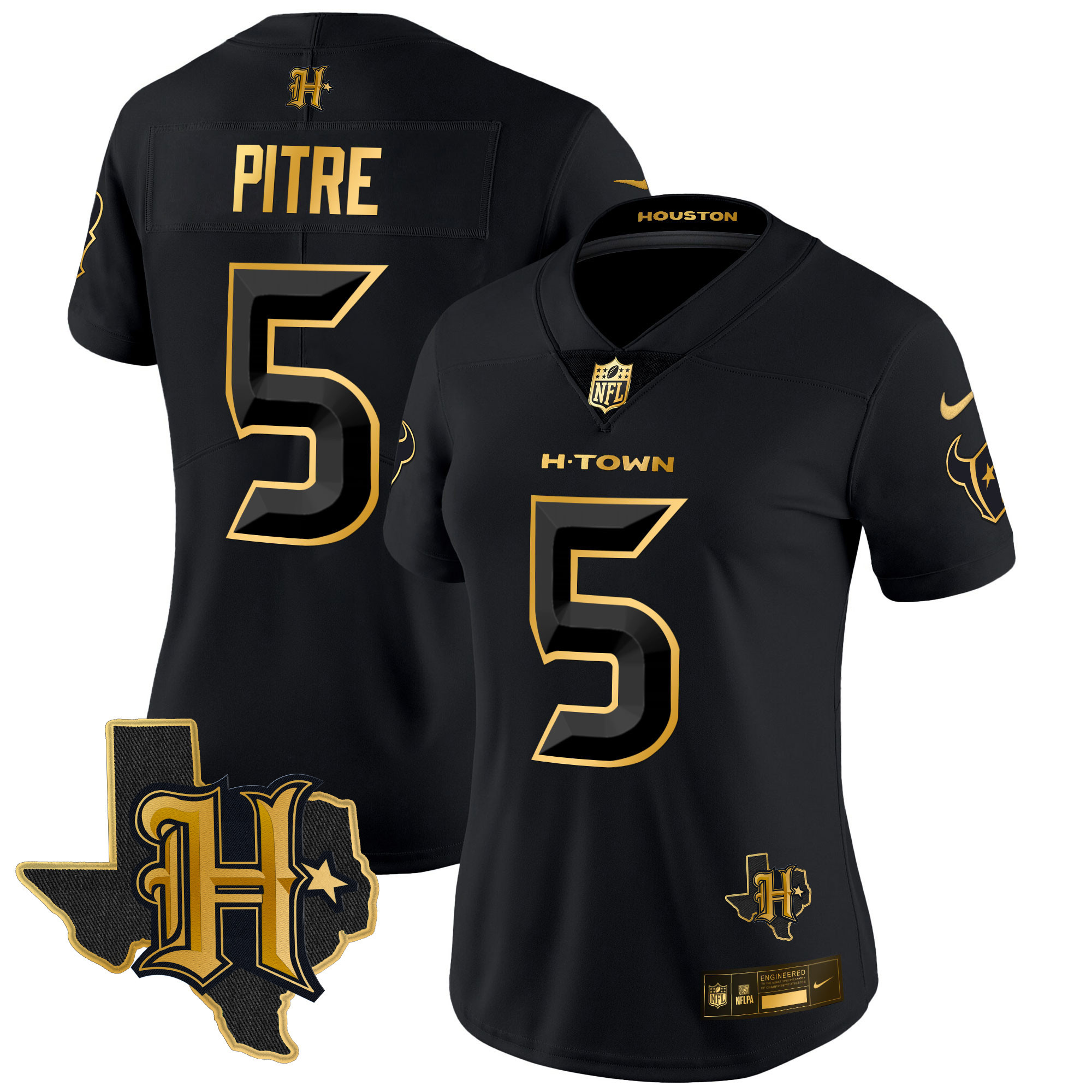 Jalen Pitre Women's Houston Texans 2024 Texas Patch Gold Vapor Limited Black Gold Jersey - All Stitched