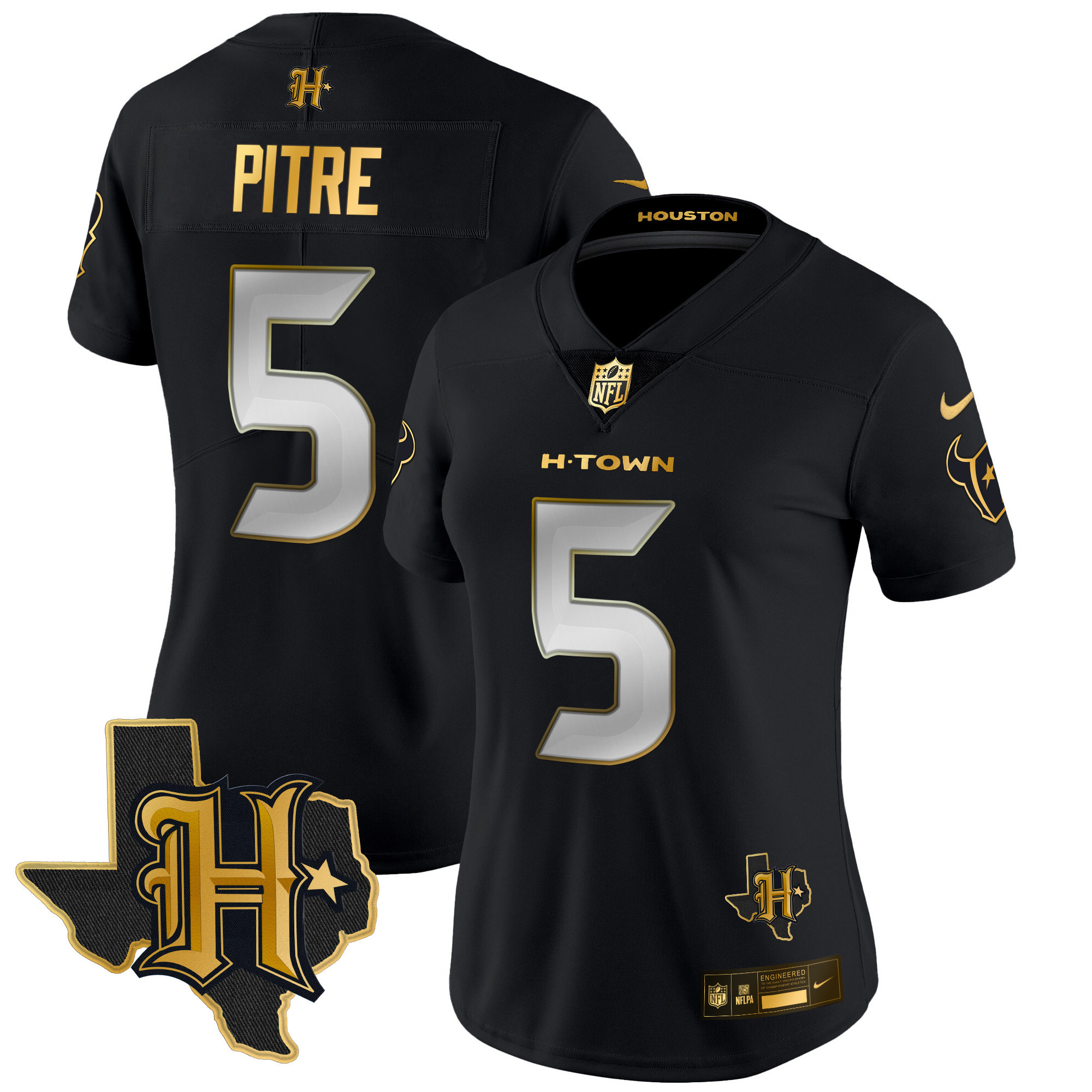 Jalen Pitre Women's Houston Texans 2024 Texas Patch Gold Vapor Limited Black Limited Jersey - All Stitched