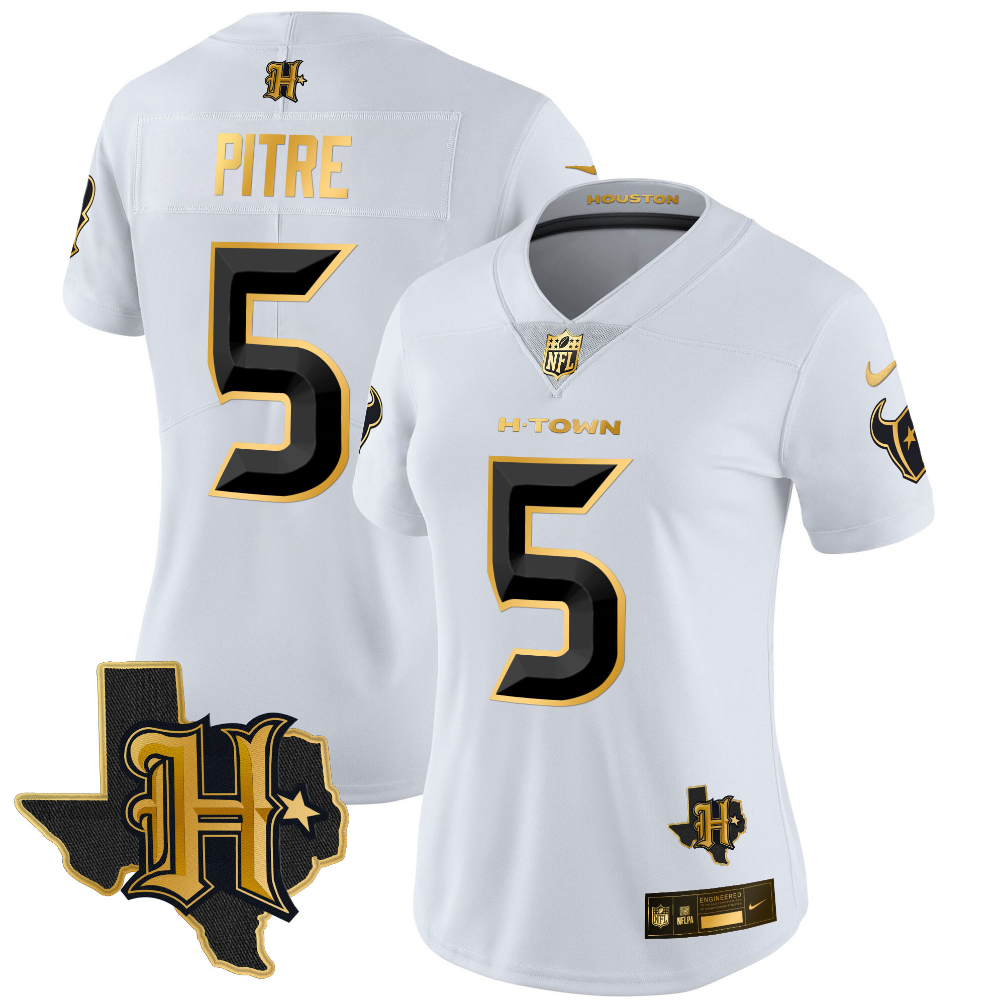 Jalen Pitre Women's Houston Texans 2024 Texas Patch Gold Vapor Limited White Gold Jersey - All Stitched