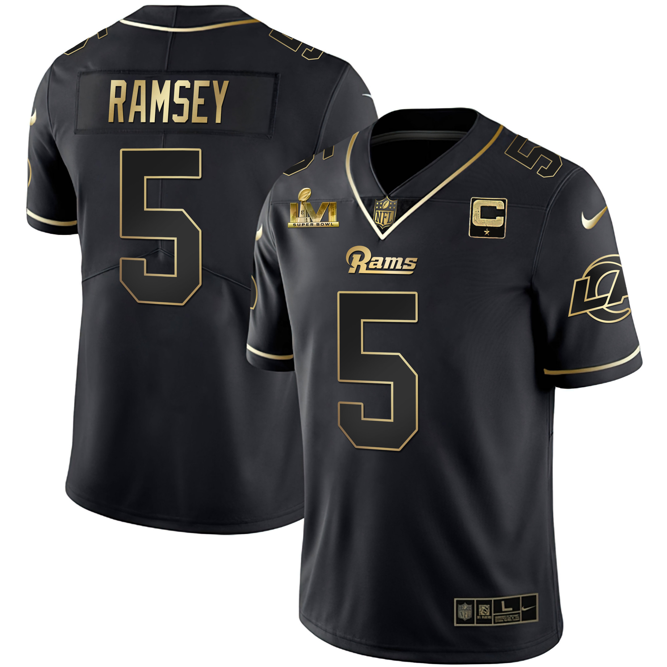 Jalen Ramsey Men's Los Angeles Rams Super Bowl LVI White Gold & Black Gold Black Gold Jersey - All Stitched