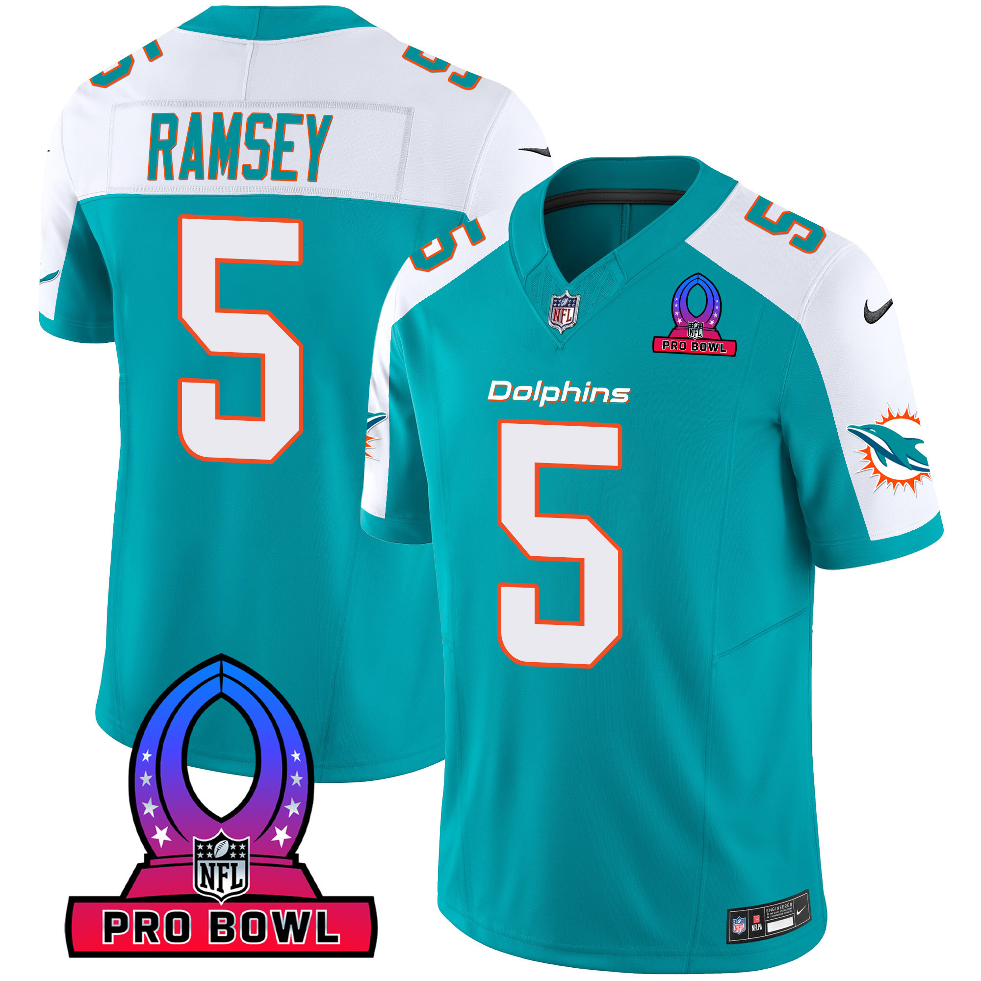 Jalen Ramsey Men's Miami Dolphins 2024 Pro Bowl Patch Vapor Aqua Alternate Jersey - All Stitched
