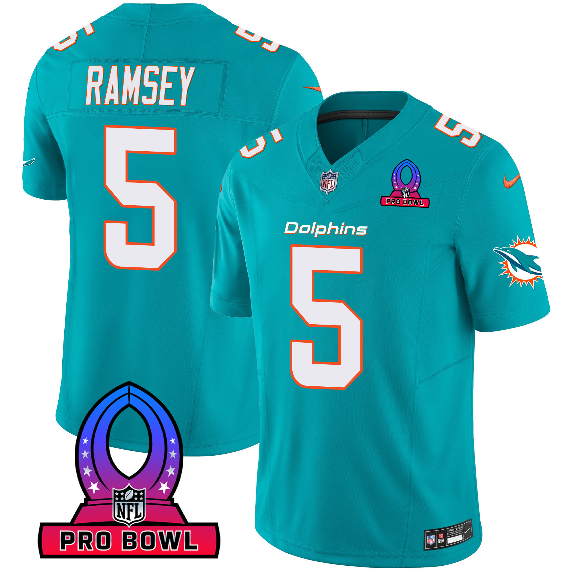 Jalen Ramsey Men's Miami Dolphins 2024 Pro Bowl Patch Vapor Aqua Jersey - All Stitched