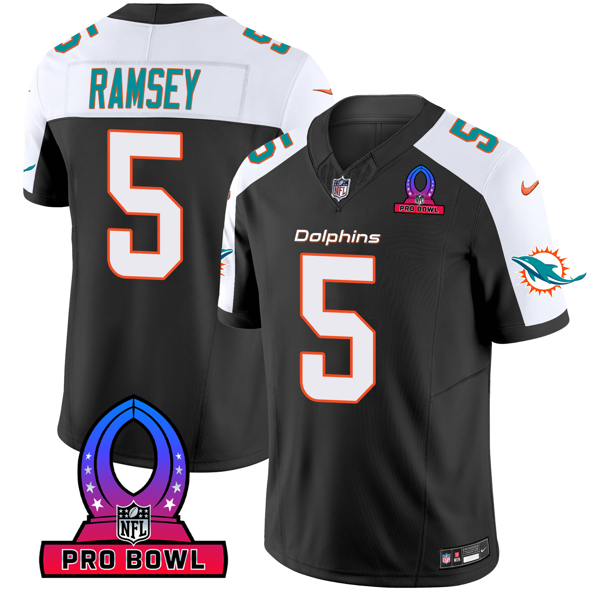 Jalen Ramsey Men's Miami Dolphins 2024 Pro Bowl Patch Vapor Black Alternate Jersey - All Stitched