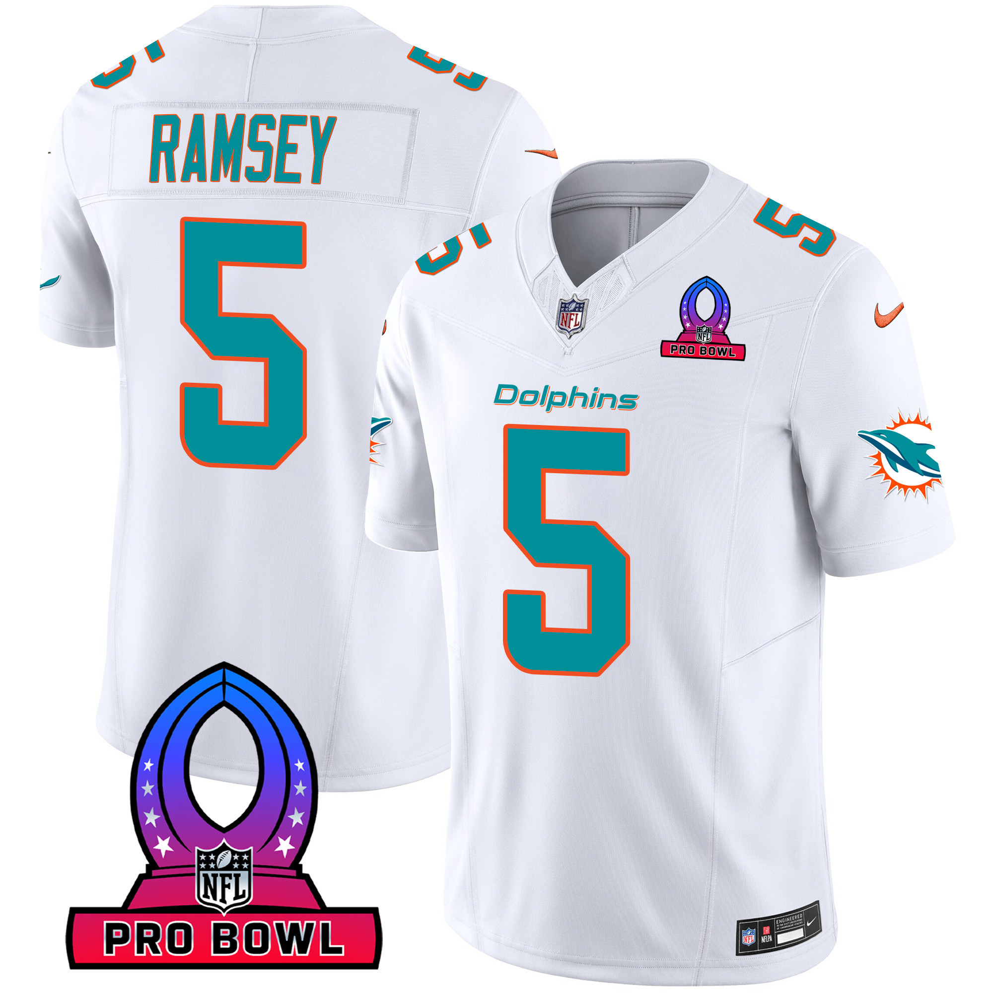 Jalen Ramsey Men's Miami Dolphins 2024 Pro Bowl Patch Vapor White Jersey - All Stitched